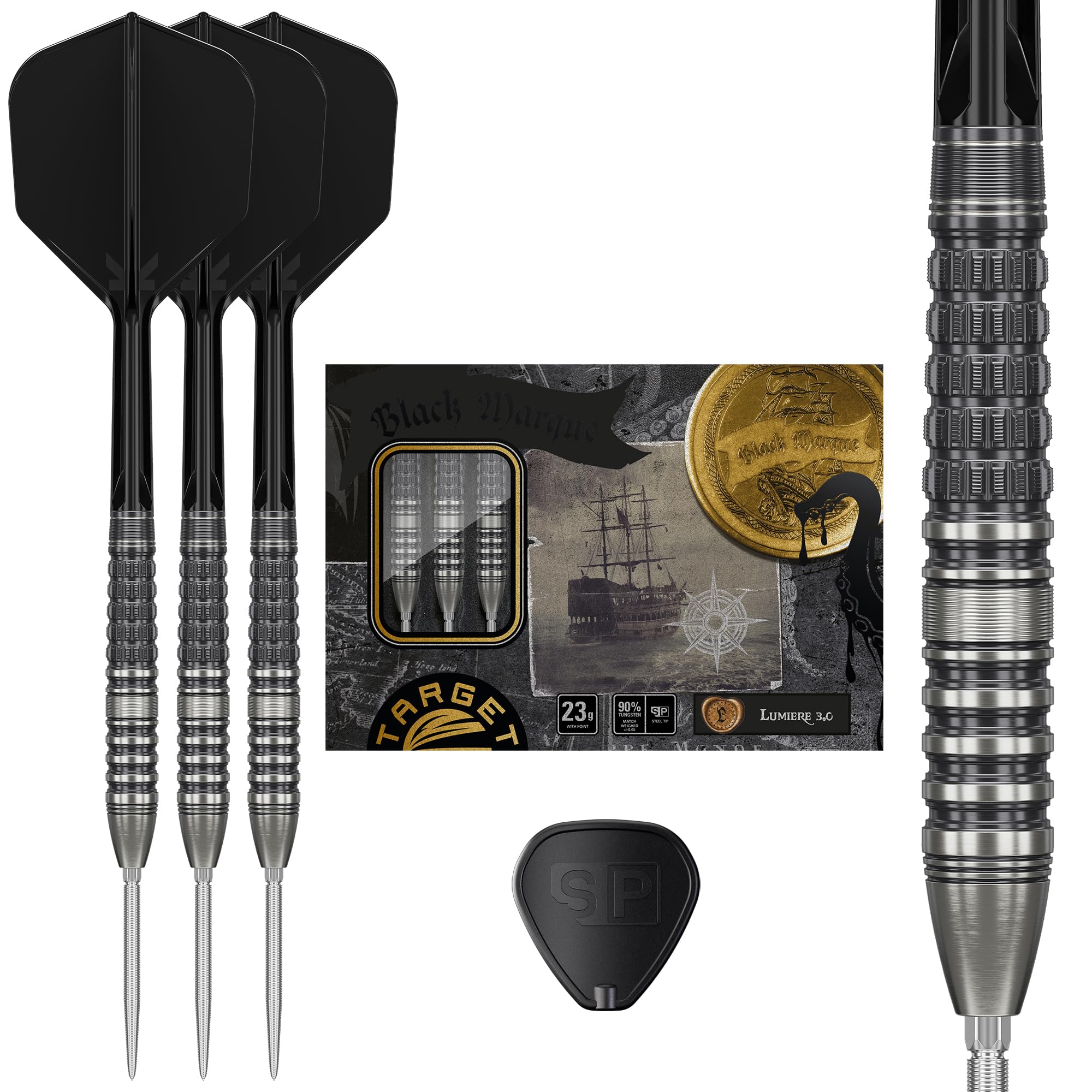 Target Japan Black Marque Lumiere G3 90% Tungsten K-Flex Swiss Point Steel Tip Darts Set, 23G | Hasumi KFlex Dart Flight, Swiss Nano Points, K Flex No.6 Shape Flights and Shafts