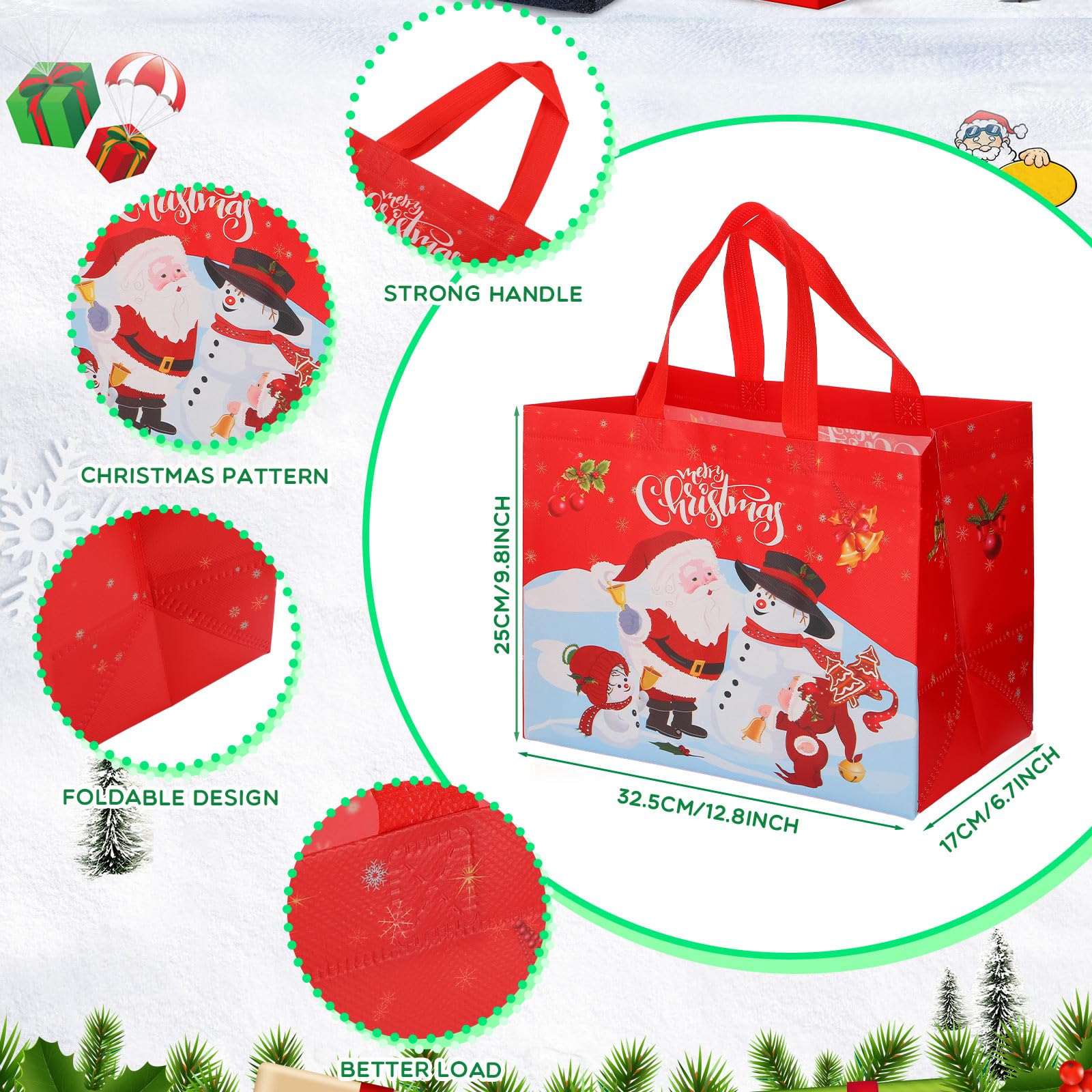Lot de 36 sacs fourre-tout de Noël en vrac avec poignées – Sacs réutilisables non tissés pour emballage cadeau de Noël – Sacs d'épicerie pour fêtes de Noël – 33 x 25 x 17 cm (classique)