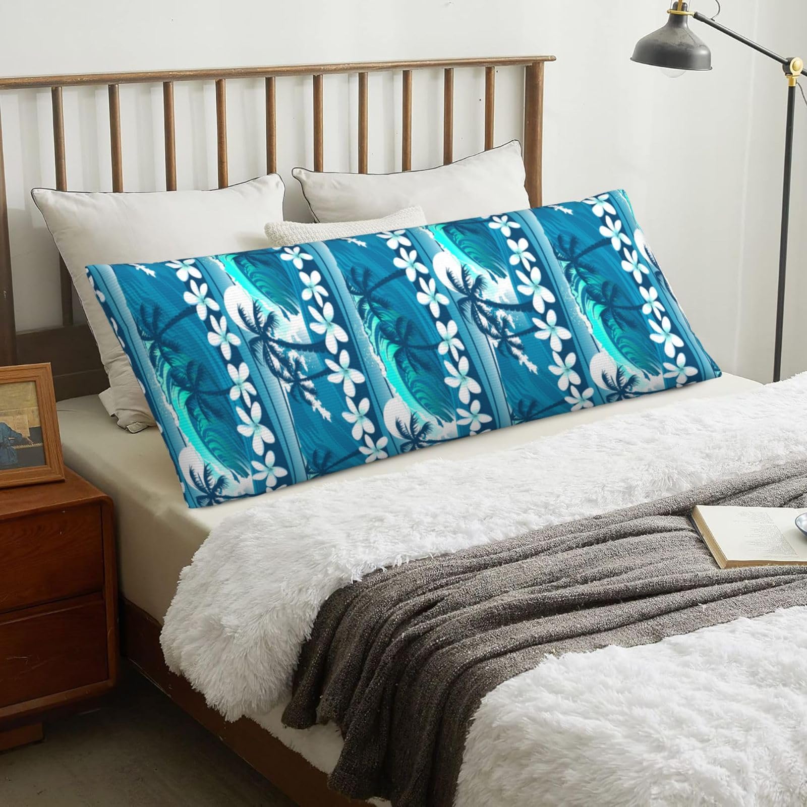 Blue Tropical Surfing With Palm Trees, Body Pillow Cover with Zipper,Long Body Pillowcase 20 x 60 in