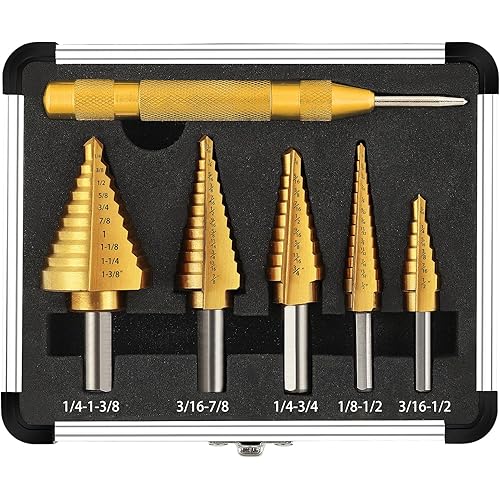 COMOWARE Step Drill Bit Set 5-Piece Titanium-Coated with Automatic Center Punch - Short Length, Double Cutting Blades, High-Speed Steel - Covering 50 Sizes, Complete with Aluminum Case