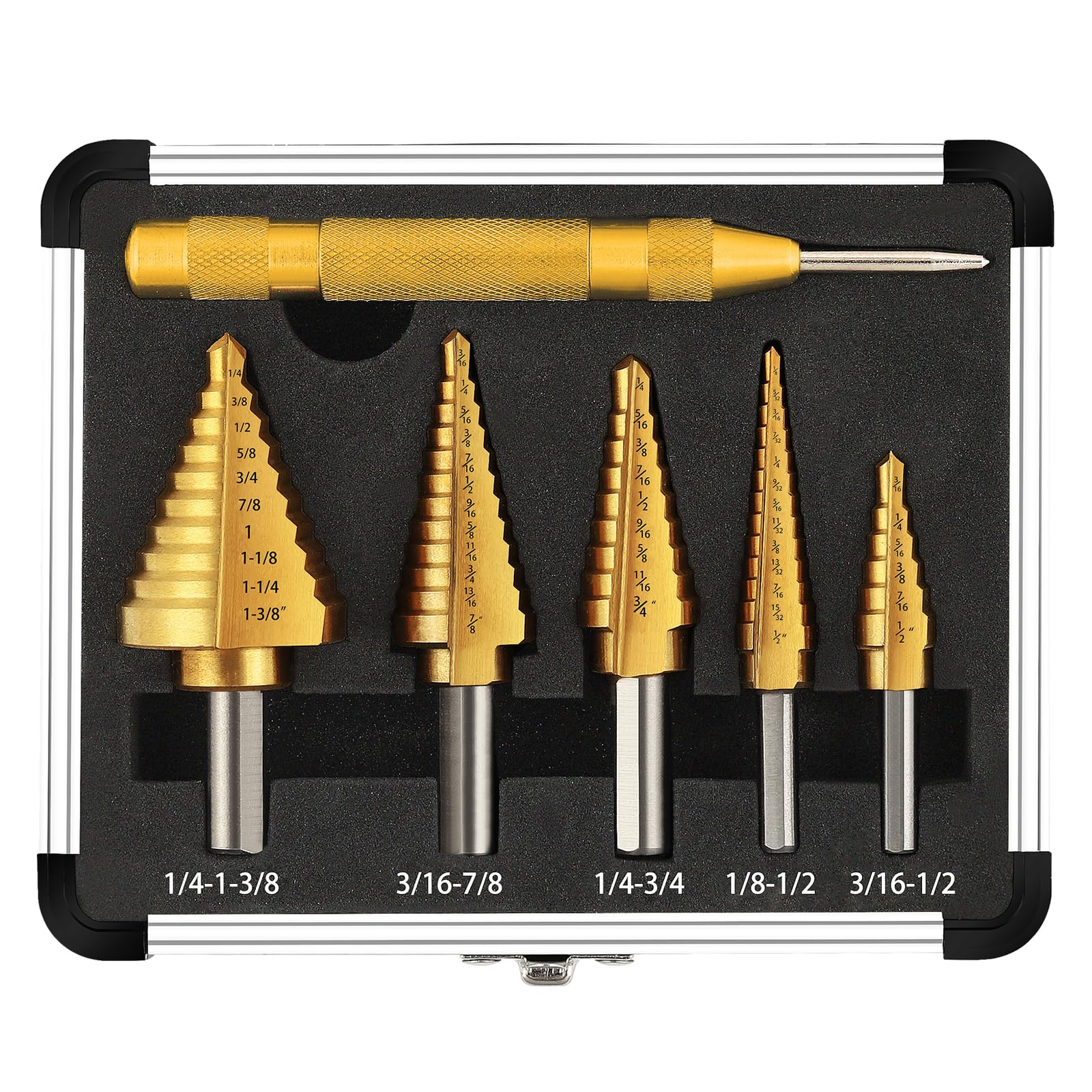 Step Drill Bit Set 5-Piece Titanium-Coated with Automatic Center Punch - Short Length, Double Cutting Blades, High-Speed Steel - Covering 50 Sizes, Complete with Aluminum Case