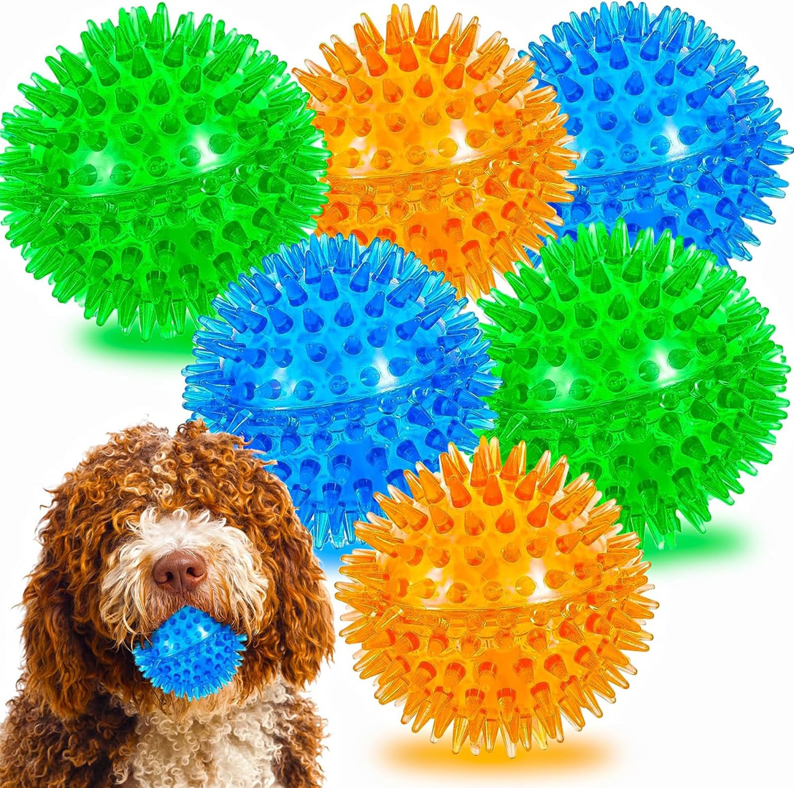 6pack Squeaky Dog Toys Spiky Dog Balls Cleans Teeth and Promotes Dental and Gum Health for Your Pet