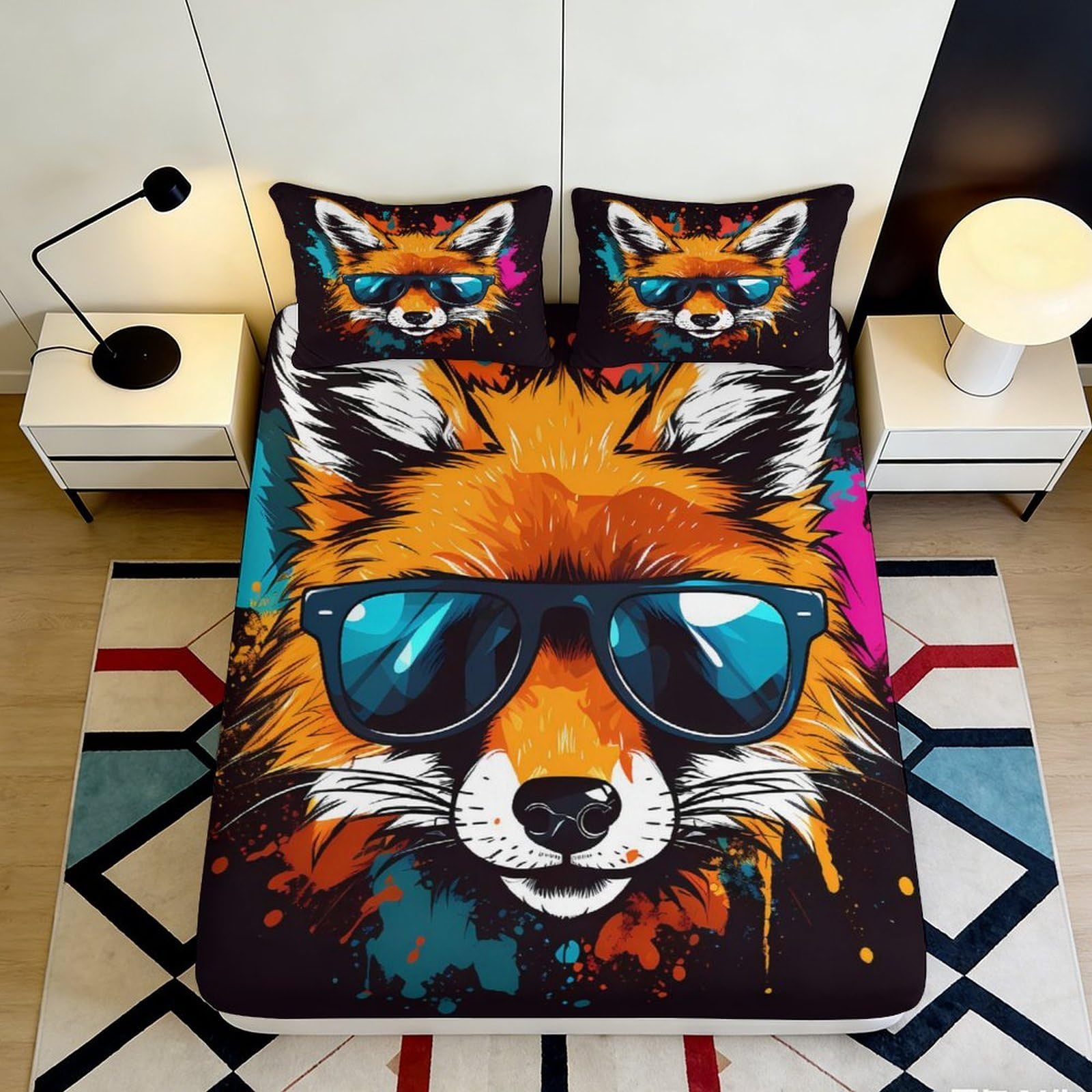 3D Printed Cool Fox Fitted Sheet Microfiber Non-Slip Deep Pocket Cool Fox Mattress Fitted Cover Washable for Adults Teens Bedroom 200x200x25cm 90x200x25cm