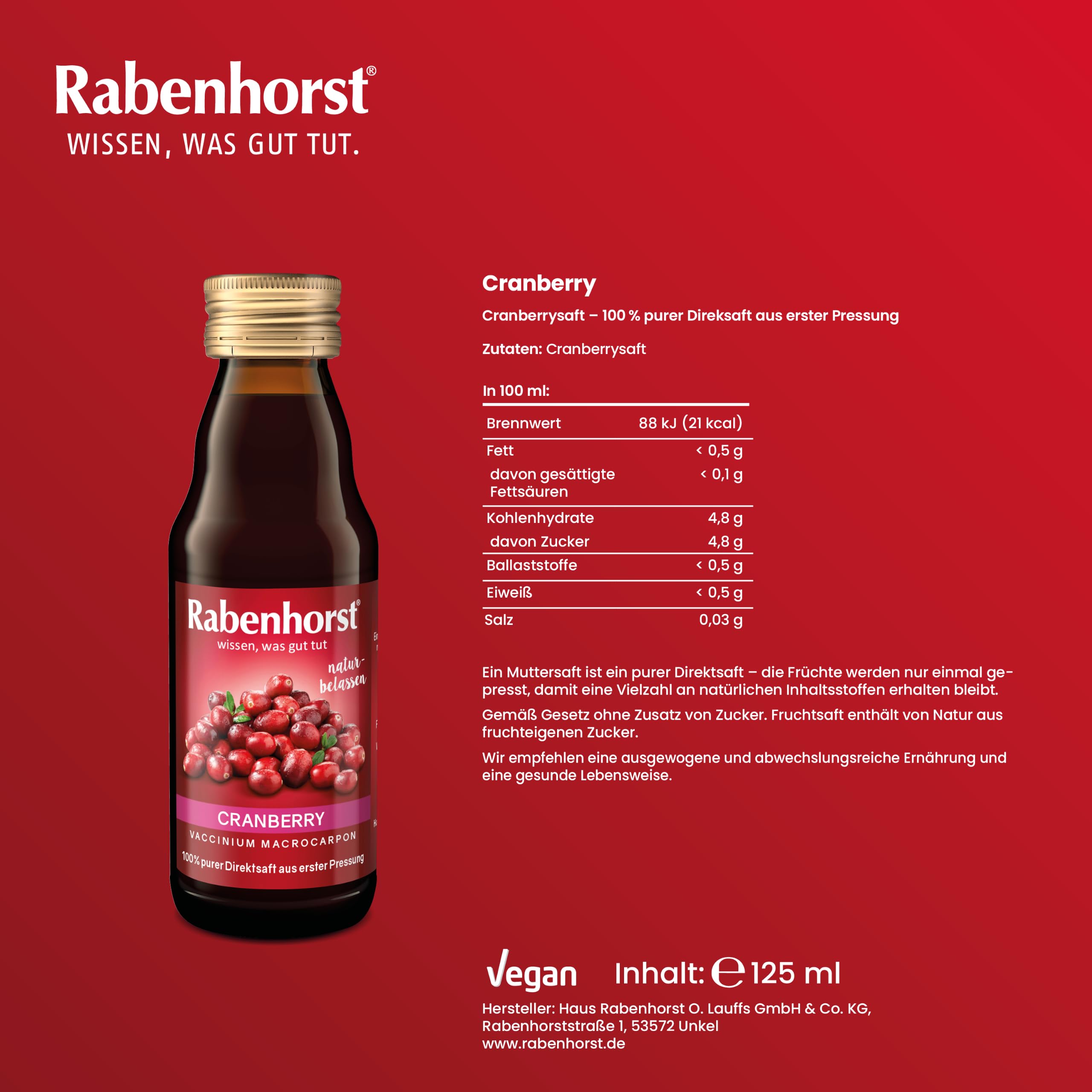 RABENHORST Cranberry Muttersaft Mini (24 x 125 ml) | 100% purer Direktsaft aus erster Pressung aus sorgfältig ausgewählten, original nordamerikanischen Cranberrys bester Qualität