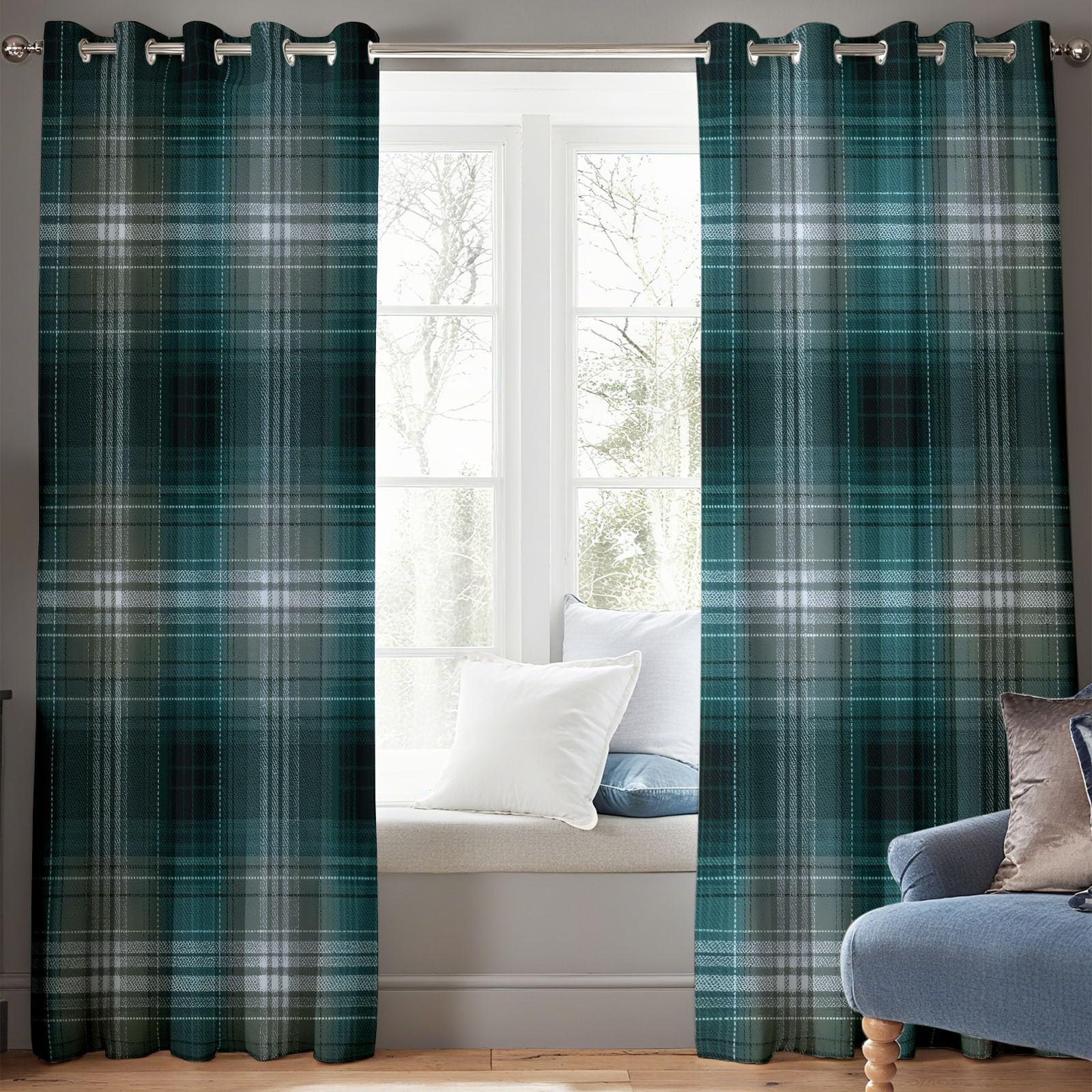 Vorhänge Blickdicht Verdunklungsvorhänge Thermovorhang 2er Set 160 x 70 cm, Strukturiertes Gittermuster ichtundurchlässige Vorhang mit Ösen für Schlafzimmer Geräuschreduzierung, Grün