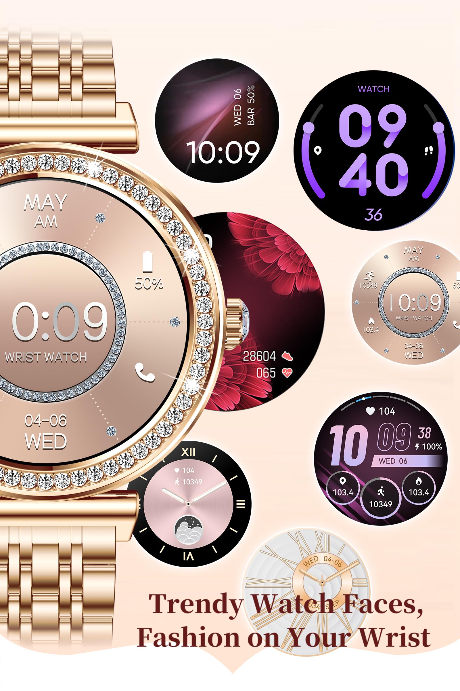 findtime Inteligentny zegarek dla kobiet, smartwatch do telefonów z systemem Android, iOS, wykonywanie/odbieranie połączeń, pulsometr, monitorowanie snu, tryby sportowe, powiadomienie SMS, krokomierz