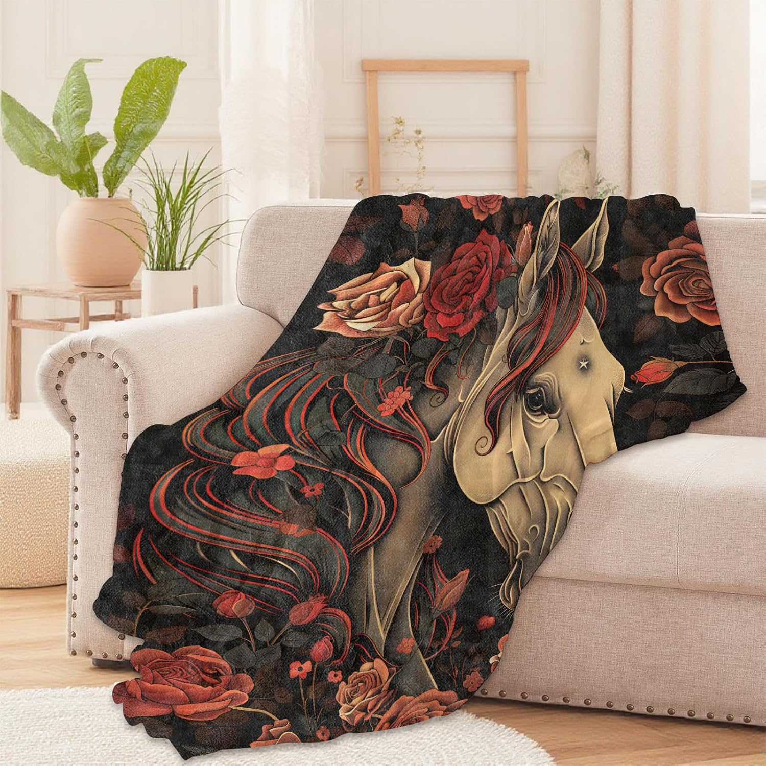 Gothic Unicorn and Roses Throw Blanket for Boys Girls Kids Adults Women, Fuzzy Warm Soft Cozy Flannel Blankets Gifts for Bedroom, Couch, Travel, Home Decor 50x60 in