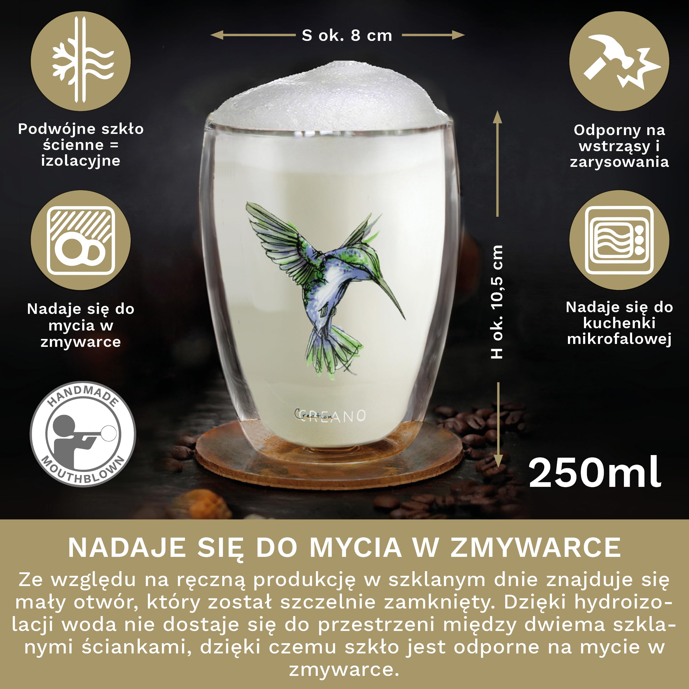 Creano Kieliszki Hummi, latte Macchiato, szklanki termiczne z kolibrem, zestaw 6 sztuk, 250 ml, w kolorach niebieskim, czerwonym, zielonym, pomarańczowym, fioletowym, żółtym