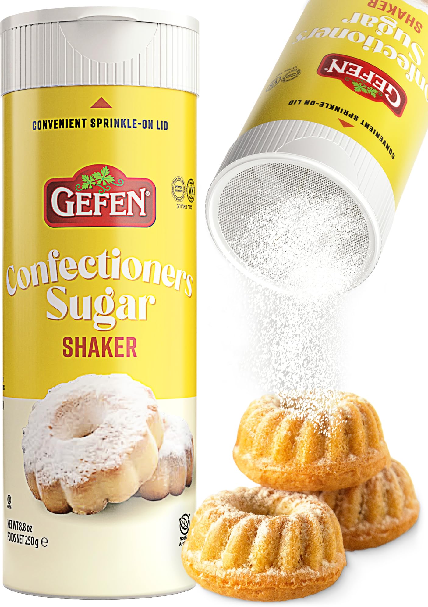 Gefen Confectioners Sugar Shaker, 8.8oz | Powdered Sugar Duster | Corn Free | Gluten Free | Premium Confection Sugar | Kosher