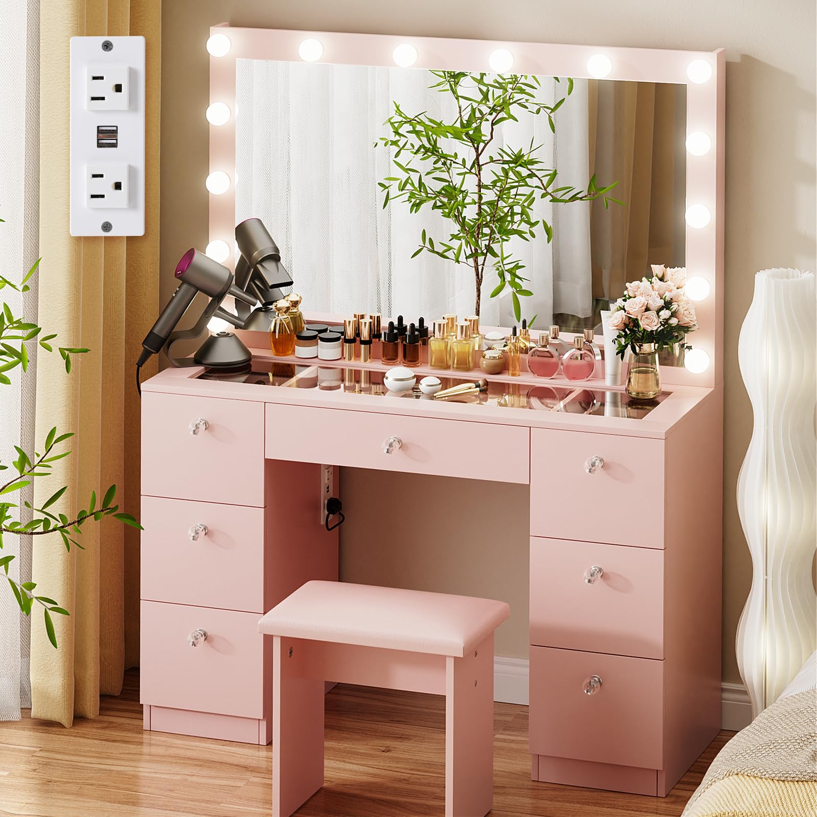 VOWNER Vanity with Lighted Mirror - Glass Top Makeup Vanity Desk with 7 Drawers and Power Outlet, 3 Color Lighting Modes Adjustable Brightness, 44"