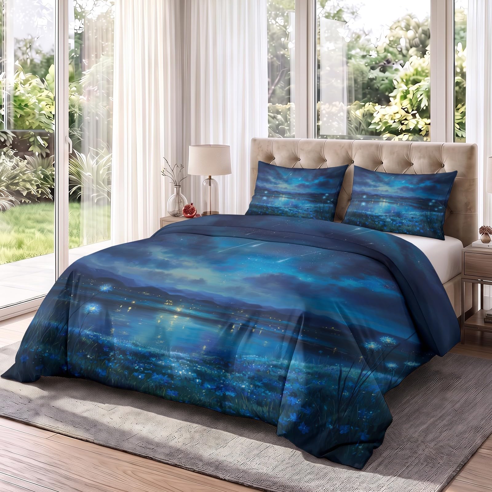 Generisch Pościel 200 x 220 cm, 3-częściowy zestaw pościeli dla dzieci, z mikrofibry, z zamkiem błyskawicznym, łąki, jezioro, popularna, miękka, dla chłopców i dziewczynek, niebieska pościel z 2