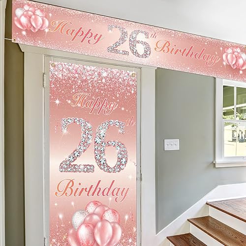 Miniatura 5 de Juego de letreros largos para puerta de feliz cumpleaños número 26 para porche, decoraciones de cumpleaños de 26 años, suministros de fiesta para