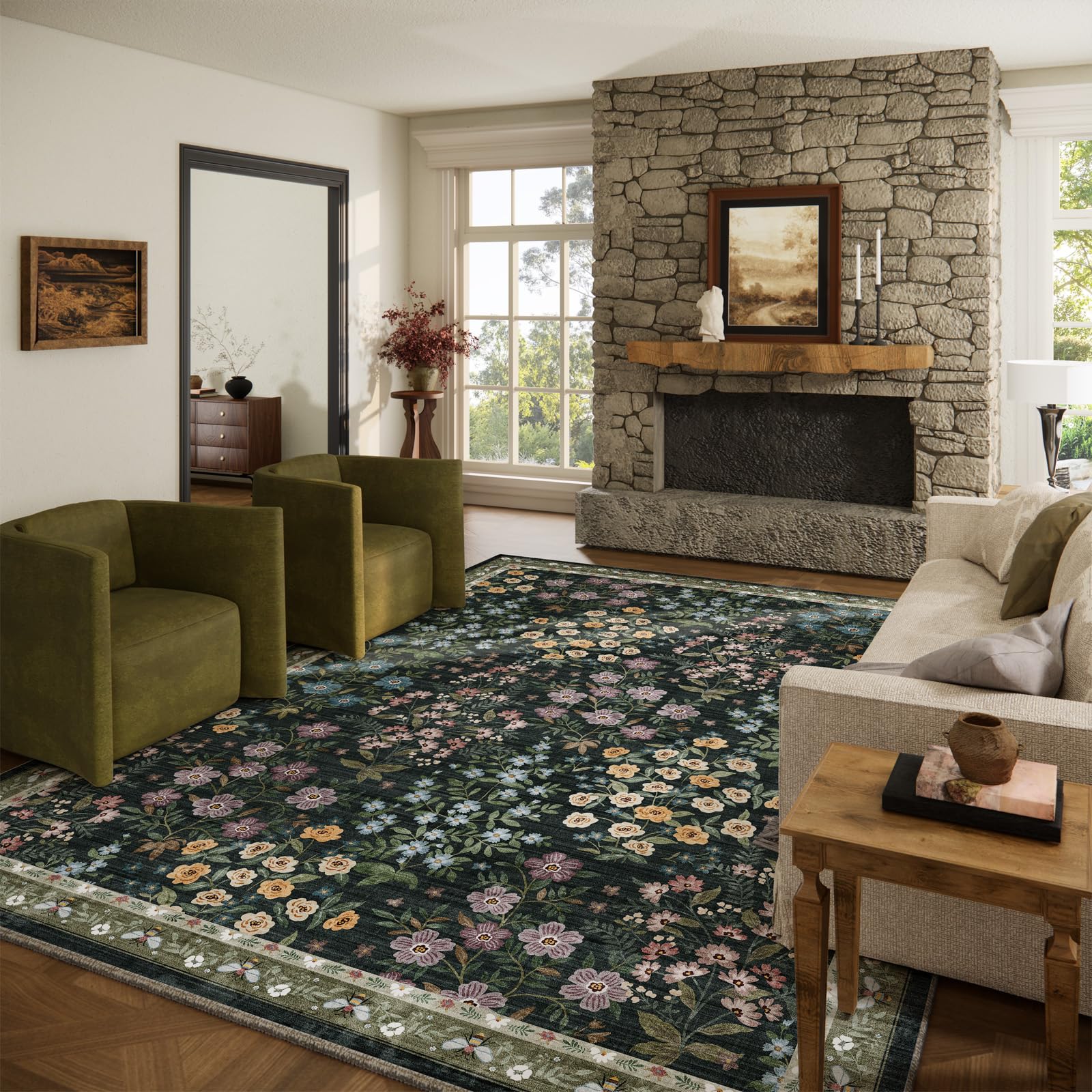 Area Rugs 9x12 Living Room Washable Rugs for Bedroom Vintage Stain Resistant Non Slip Low Pile Soft Large