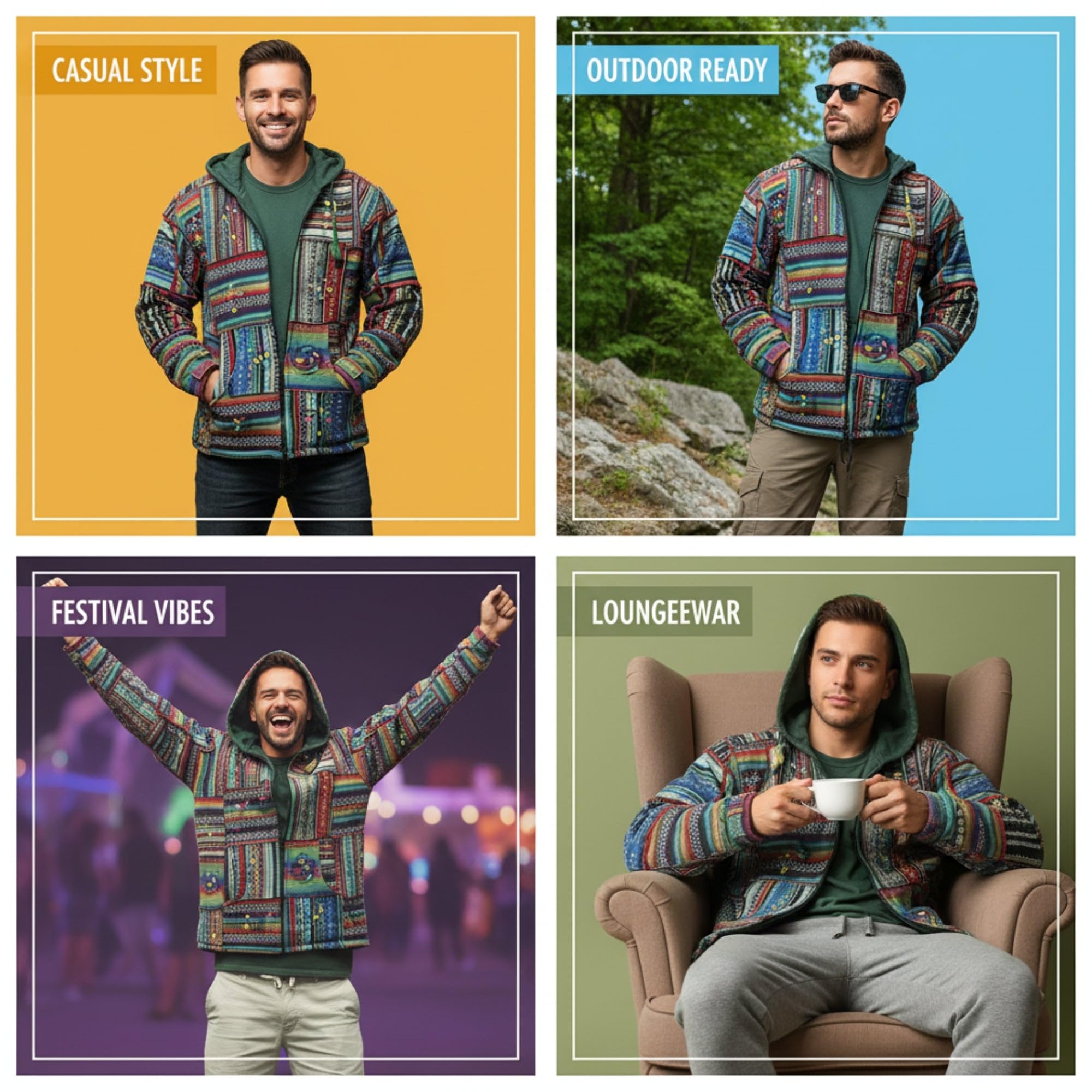 SHOPOHOLIC FASHION Felpa da Uomo, in Cotone, con Cuciture a Vista, Stile Hippie, con Cappuccio, Multi