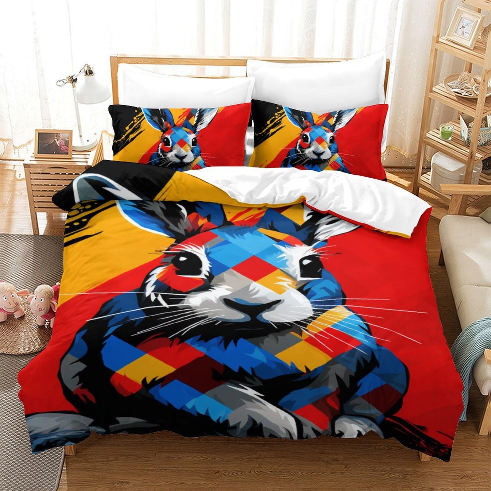Housse de couette lapin 3D 140x200 cm avec taie d'oreiller zippée