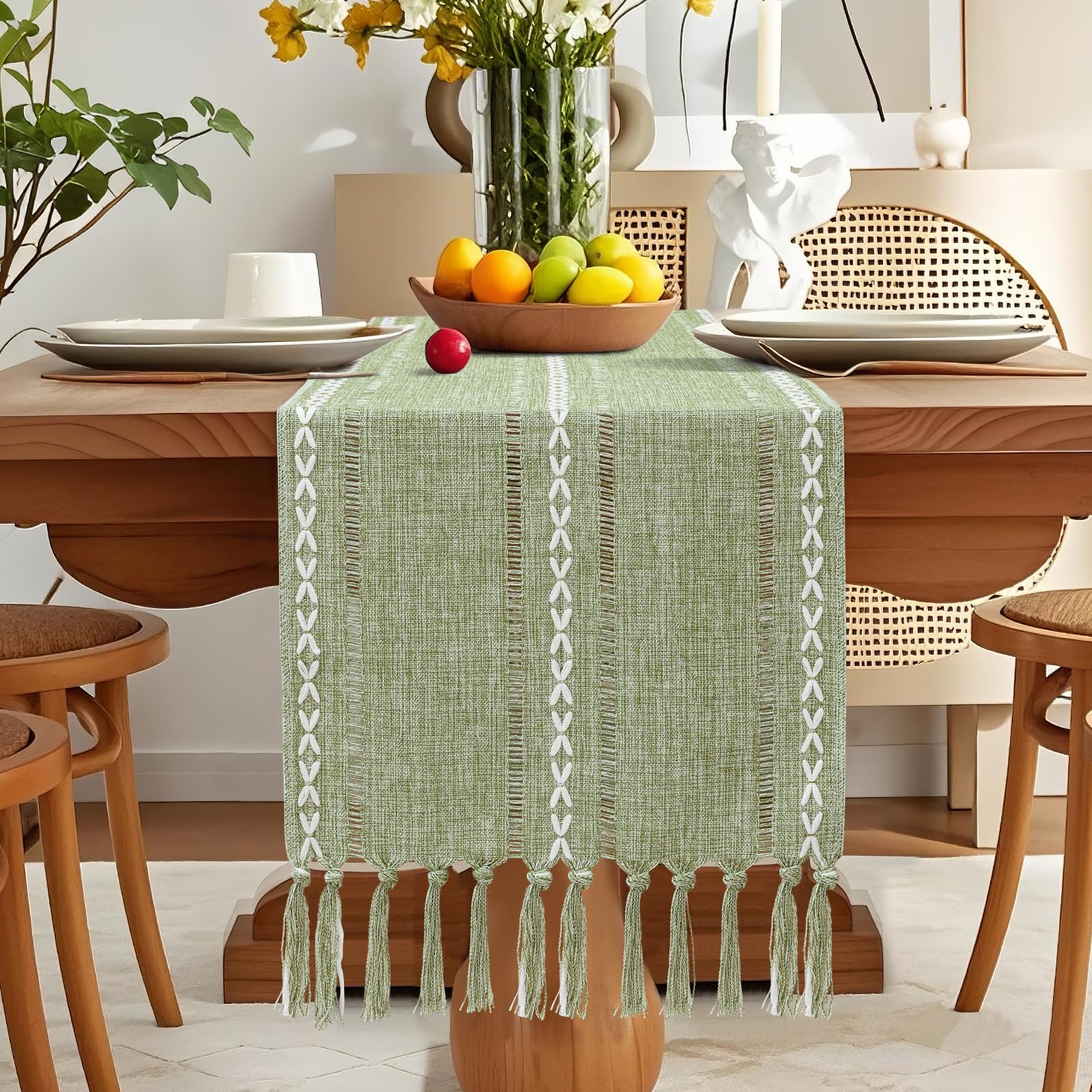 OTOSTAR Table Runner with Tassels 13x48 Inch Rustic Farmhouse Table Runners Boho Hemstitched Embroidered Table Runner 48 Inches Long Rustic Home