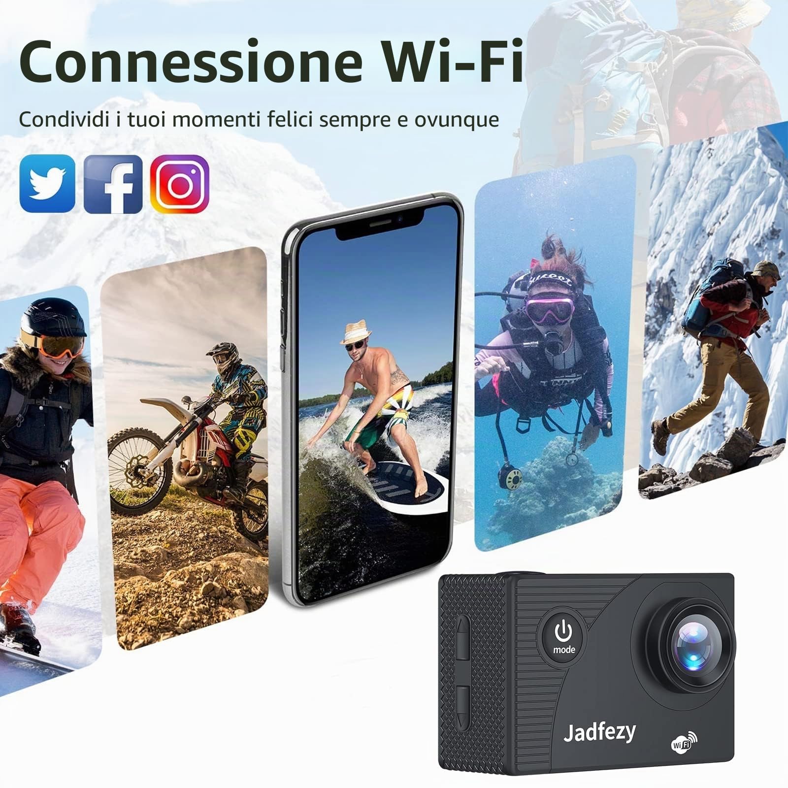 WiFi Action Cam 1080P, Macchina Fotografica Subacquea da 12 MP e Grandangolare, Fotocamera Subacquea da 30M Dotato di 2×1050mAh Batteries e Accessori di Montaggio per Casco e Bicicletta, ecc.