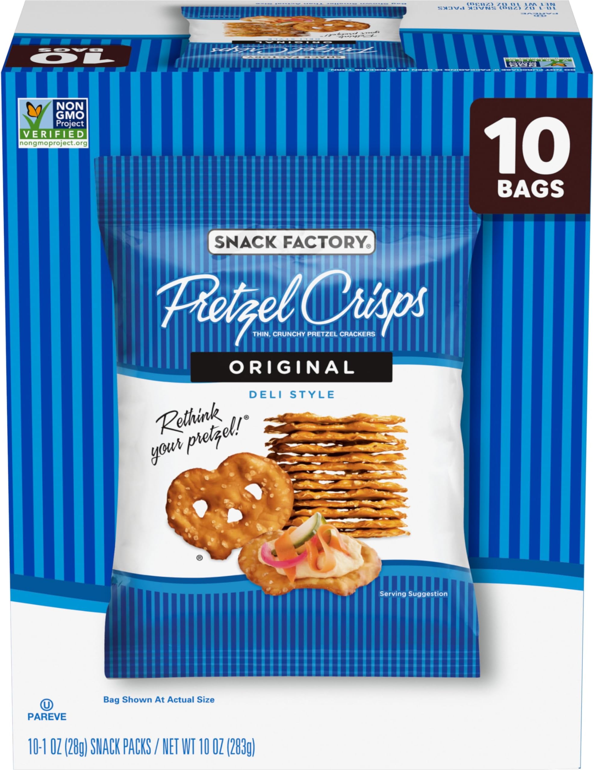 Snack Factory Pretzel Crisps, Original, 1 Oz Snack Bags, 10 Ct
