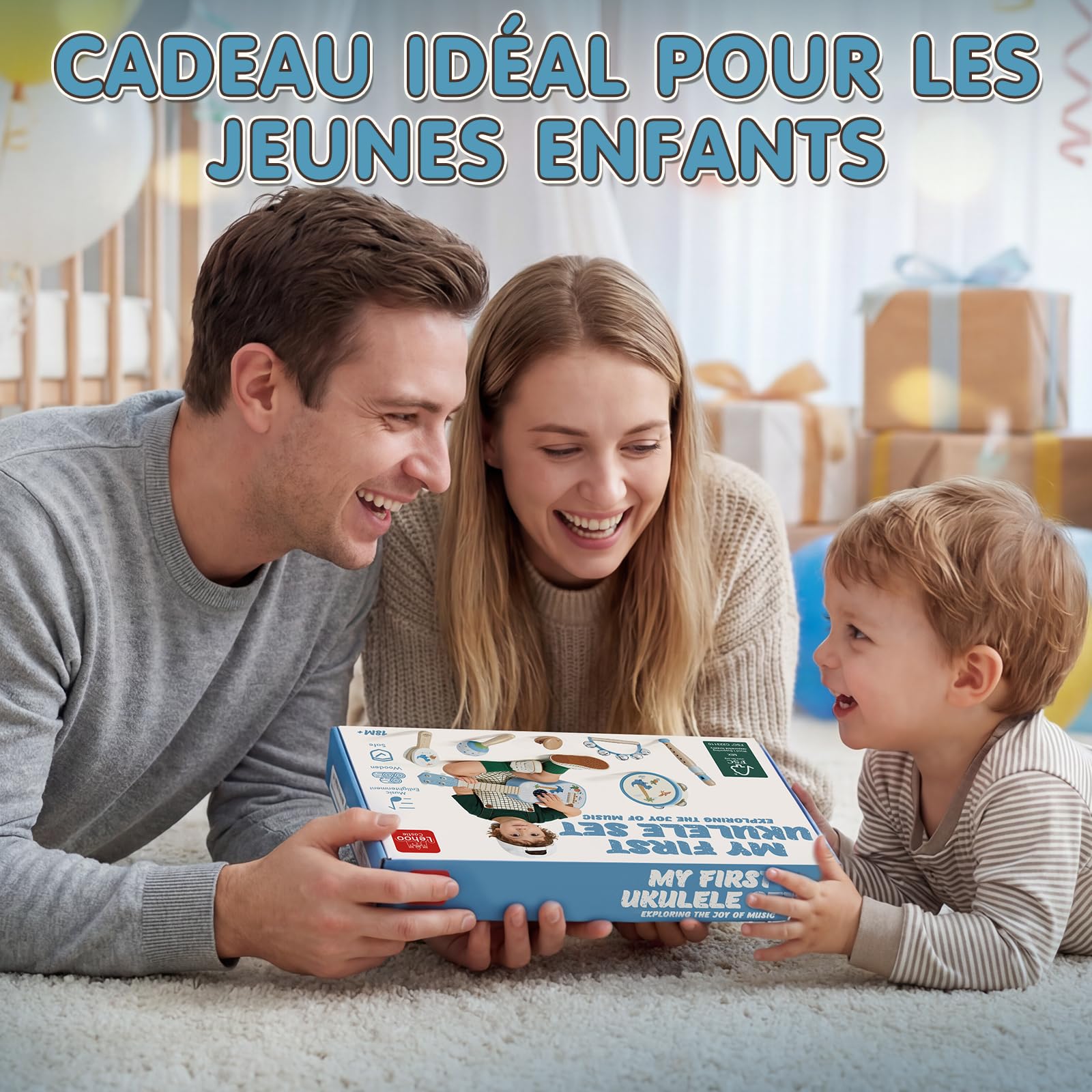 Lehoo Castle Guitare Enfant 1 2 3 Ans avec Bois Instruments de Musique Bebe | Jeu cadeau enfant 2 ans, Ukulélé en Bois avec Tambourin, Flûte, Maracas et Hochet, Montessori Jouet Musical Educatif