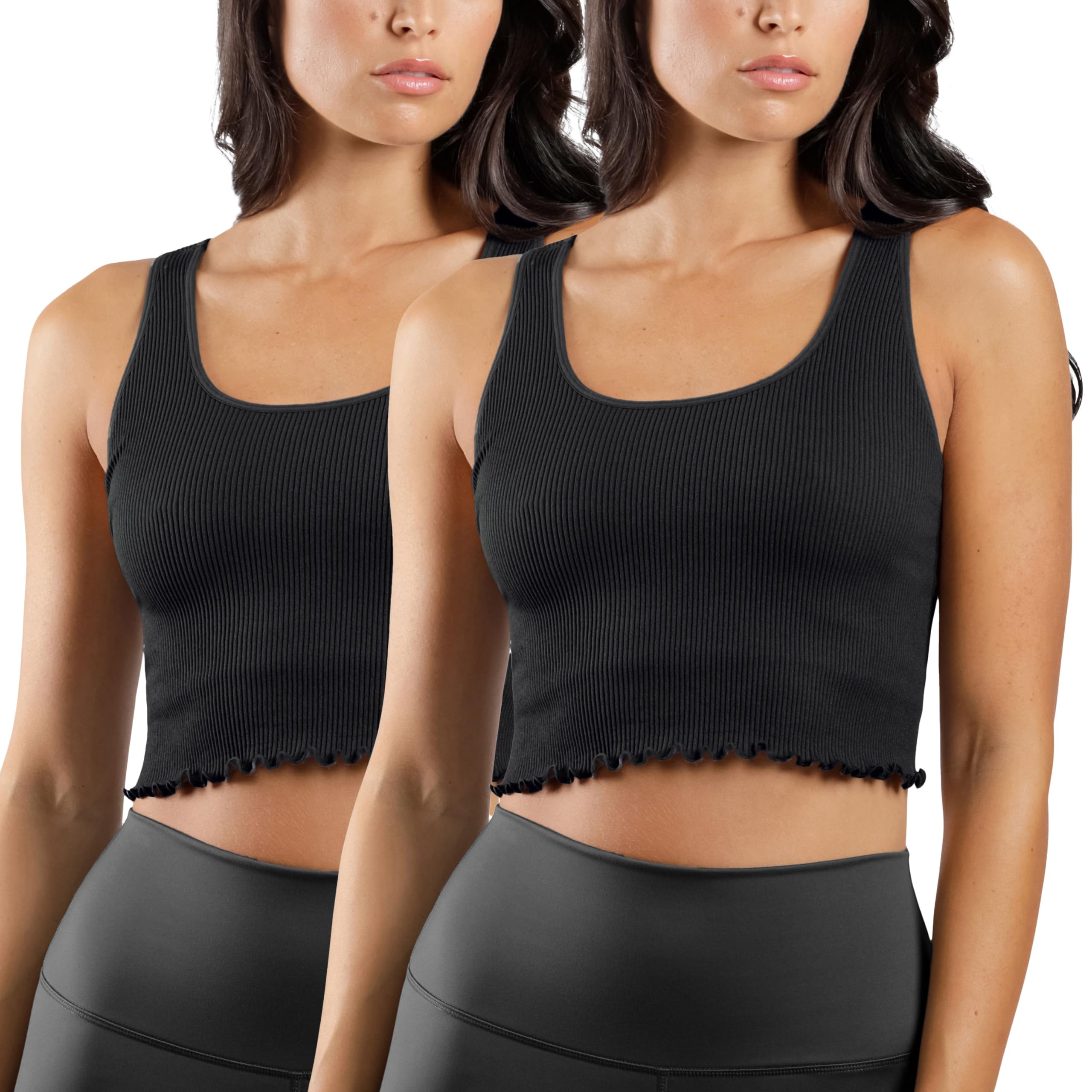 90 Degree By Reflex Ribbed Lettuce Edge Cropped Tank Top Long Line Bra -2 Pack Black/Black - X Large