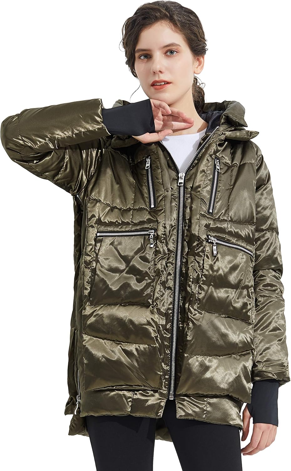 Orolay Women's Thickened Hooded Down Jacket Winter Shiny Puffer Jacket with RDS Down Filling XX-Small Army Green