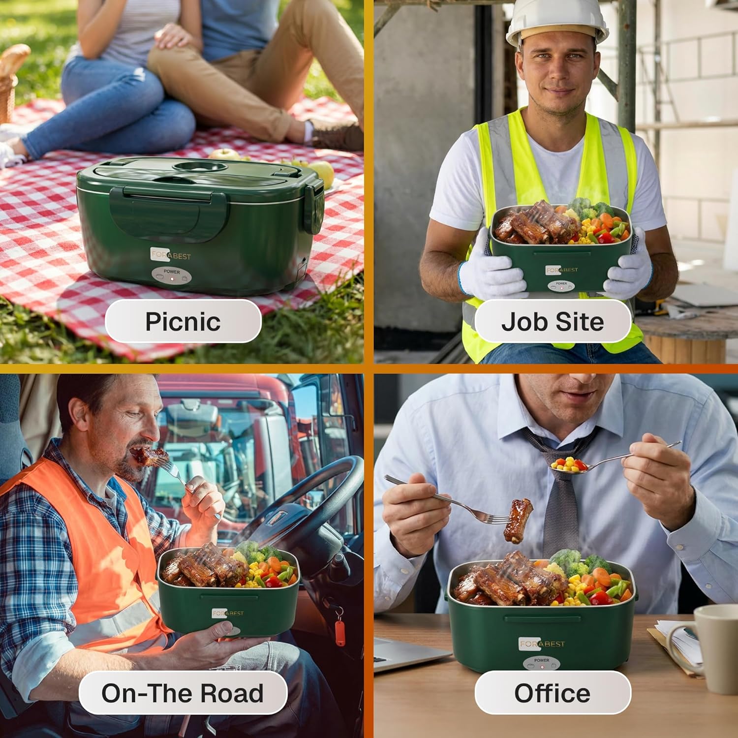 FORABEST Heated Lunch Box - 80W Electric Lunch Box - Portable Food Warmer with 1.5L Stainless Steel Container, Carry Bag & Leakproof Lid - 12V/24V Car/Truck & 110/220V Home/Office - Army Green