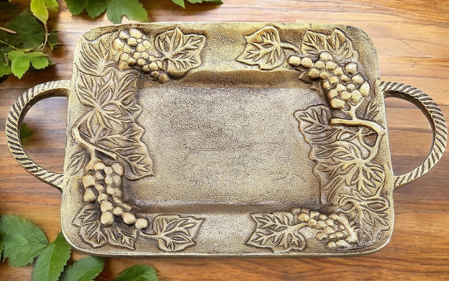 Casted Embossed Aluminum Fruit Printed Serving/Gifting Tray | Size- 37.5L x 22W x 4.5H CM | Weight- 1040gm | Antique Brass Finished Mfr GRD Intl 'Made in India'