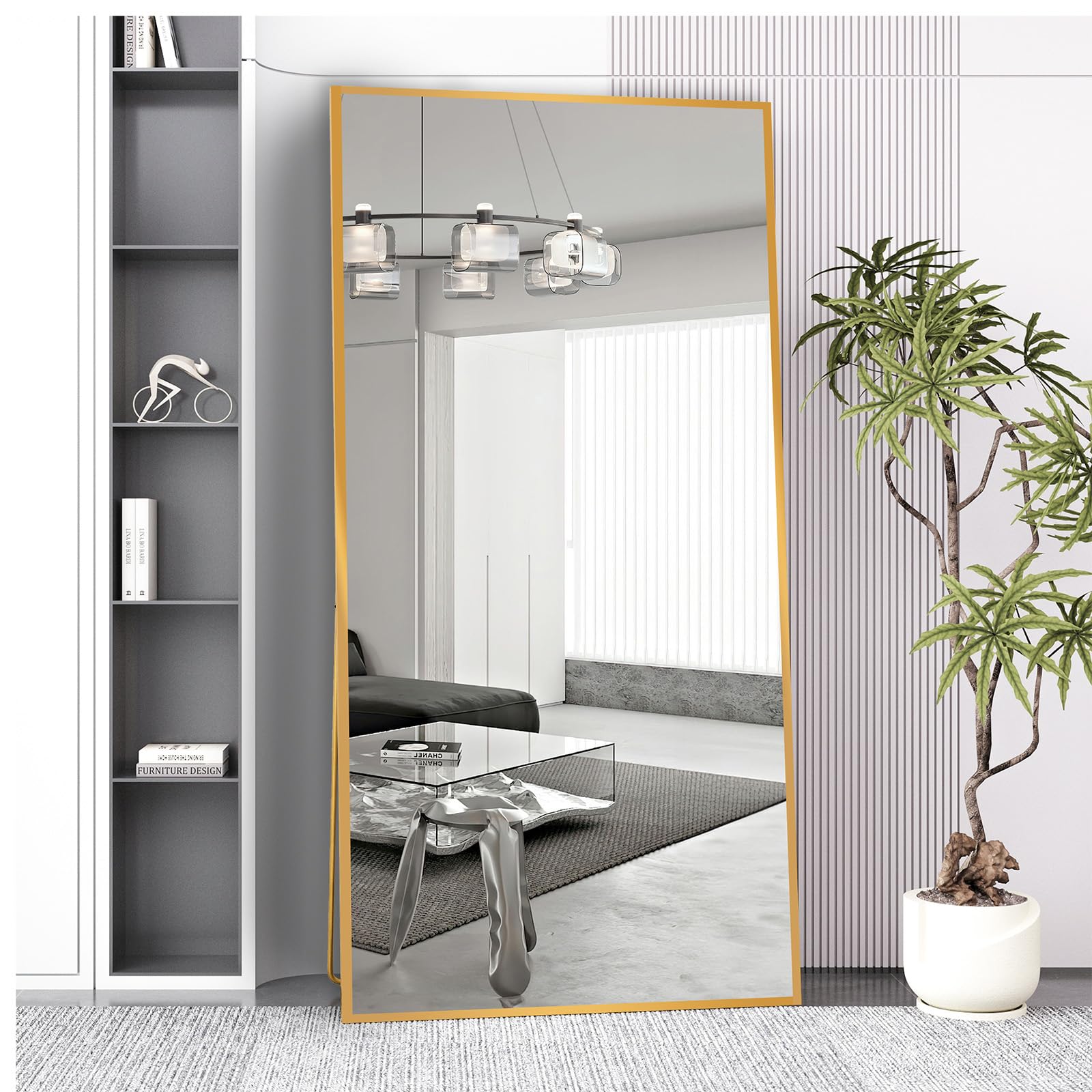 AUFHELLEN Ganzkörperspiegel Standspiegel 193x86cm mit Golden Metallrahmen Bodenspiegel HD Spiegel Groß Wandspiegel mit Haken für Wohn-, Schlaf- und Ankleidezimmer