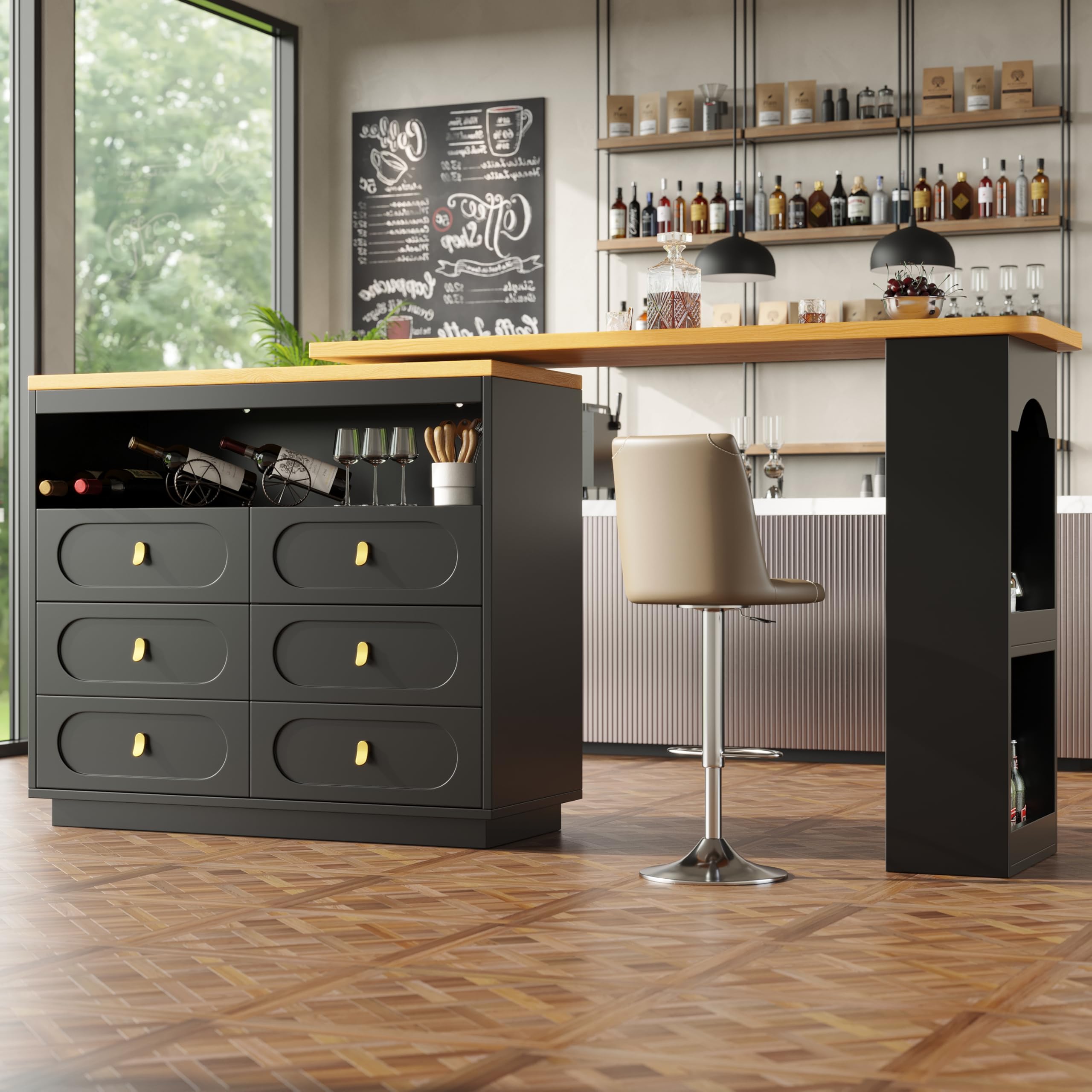 Tavolo da bar allungabile 90 x 140 cm, girevole a 360° e spazio di archiviazione, moderno tavolo da bar con cassetti, colore nero