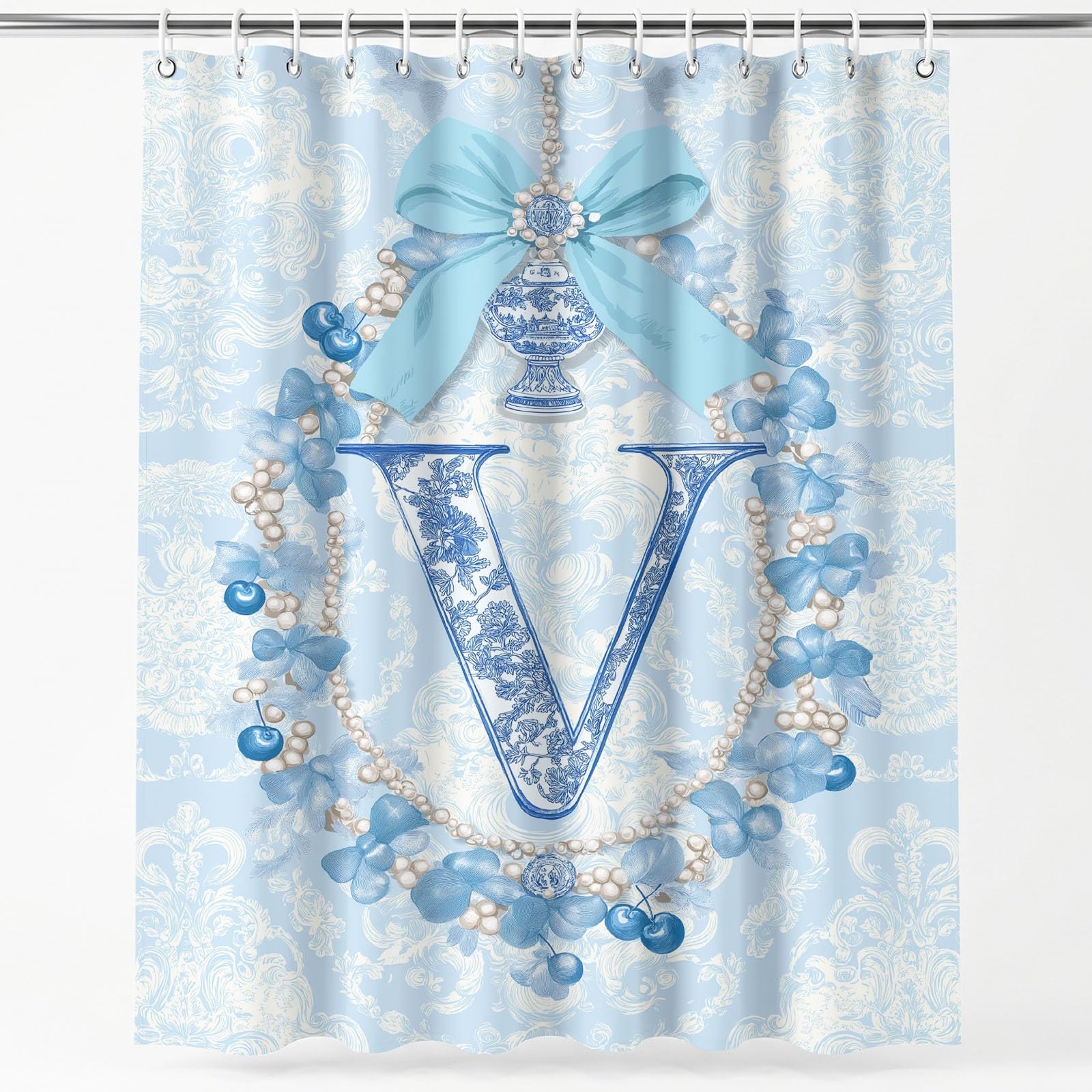 Rideau de douche bleu blanc floral en microfibre imperméable pour salle de bain 120x200cm