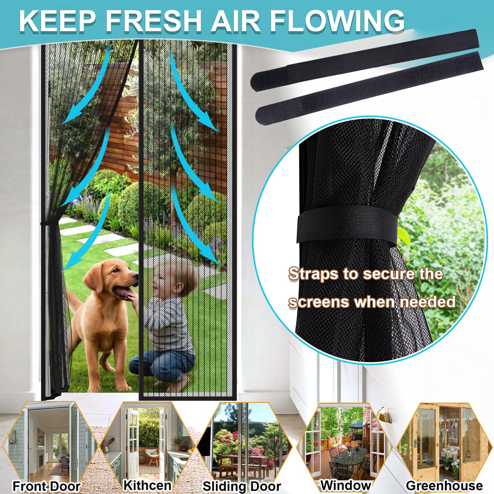 Magnetic Screen Door Mesh, Fit Door 28 x 80 inch, Black Actual Net Screen Size Include Edges 30" x 82" for Patio, Sliding Door, Keeps Bugs Out, Fresh Air Flow, Self Closing — view 8