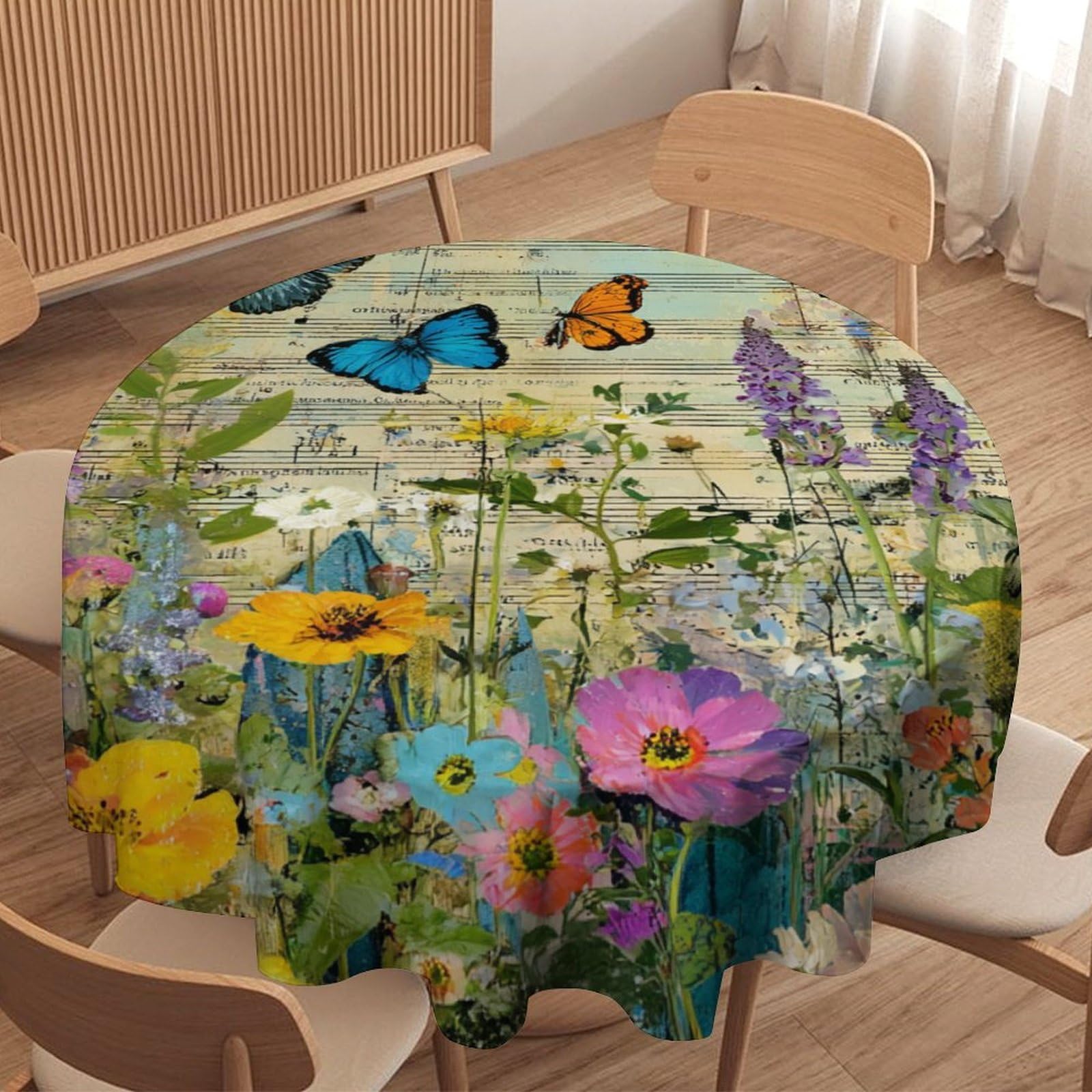 LUYYSKY Fantasy Classic Floral Butterfly Waterproof Round Tablecloth Modern Art Flowers Animals Butterflies Musical Notes Pattern Washable Table Cover for Kitchen-127 Wx127 L cm