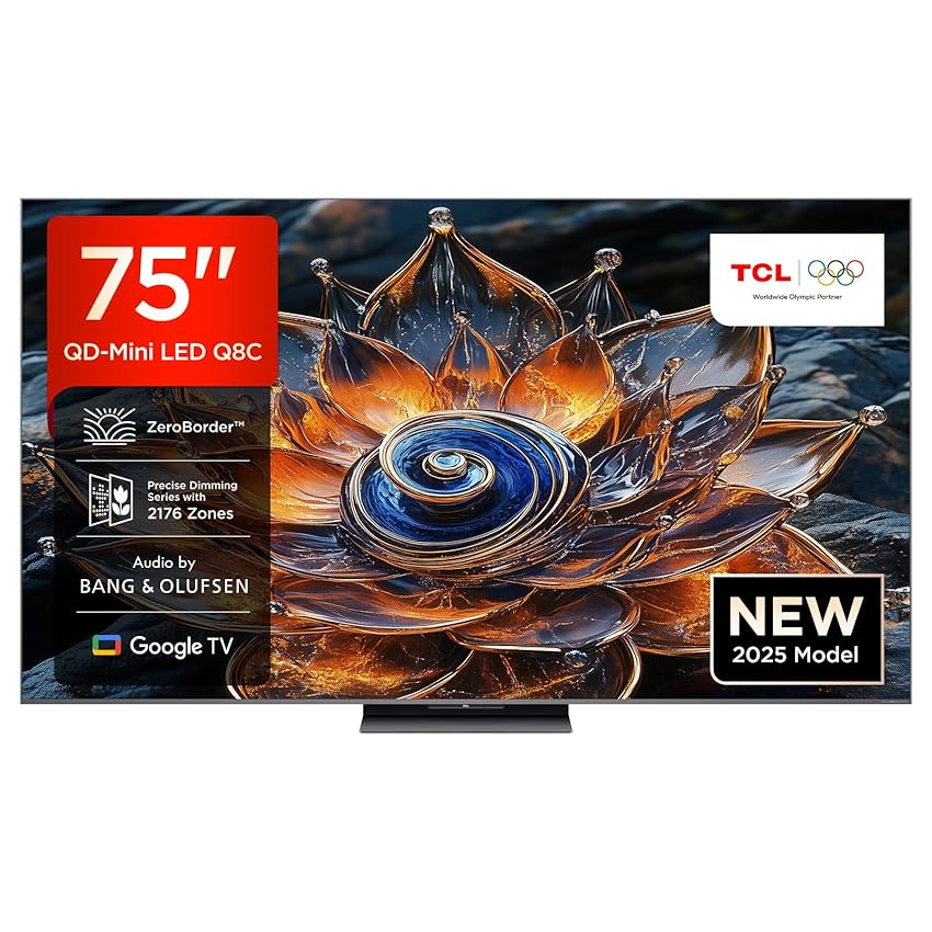 TCL 75Q8C 75-inch QD-Mini LED TV, 4K HDR Premium 4500, ZeroBorder™,Google TV (Dolby Vision IQ & Atmos, CrystGlow WHVA Panel