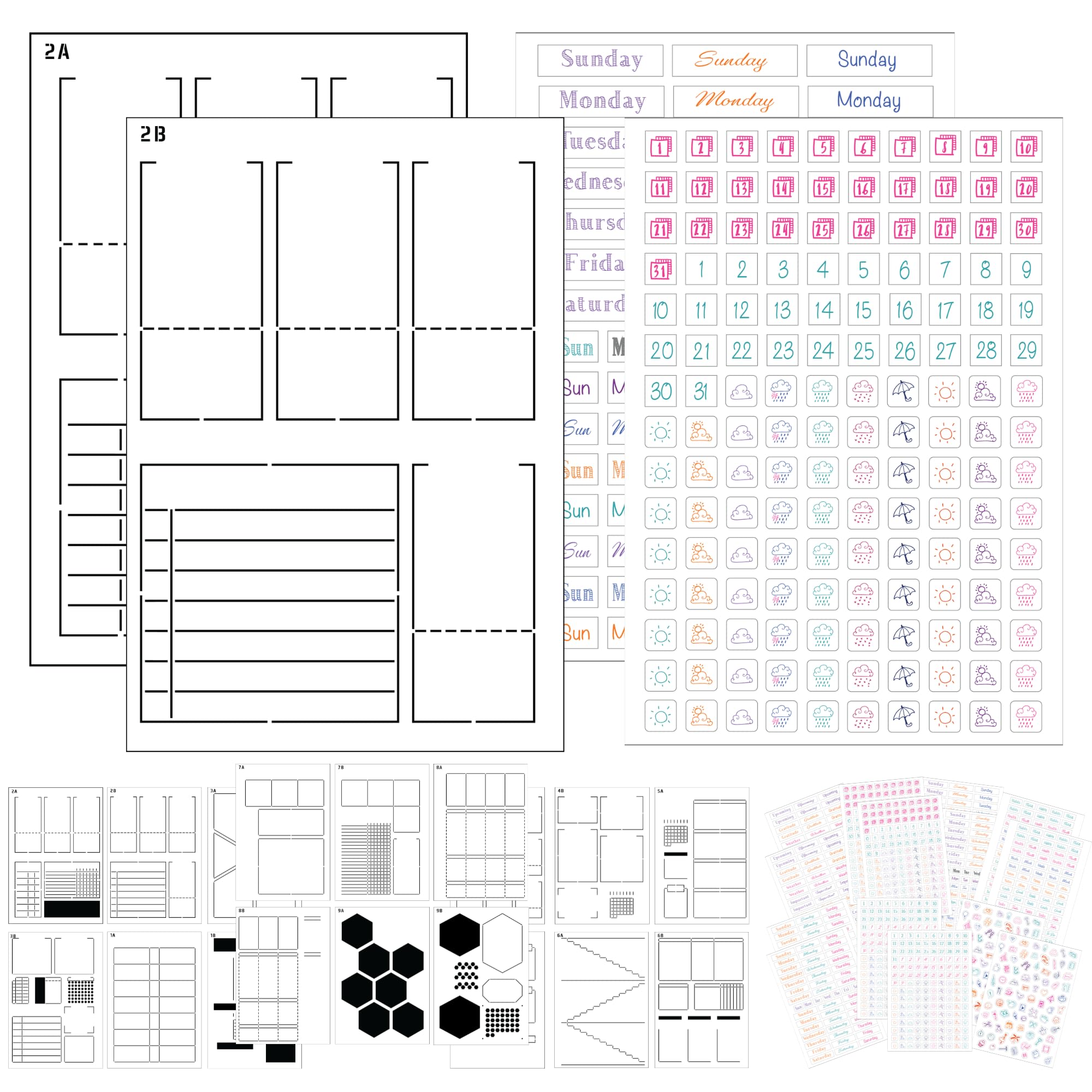 Kit de fournitures de journal hebdomadaire (couleur) – 18 pochoirs hebdomadaires A5 et 14 feuilles d'autocollants transparents colorés compatibles avec les bullet journaux, fournitures de journal