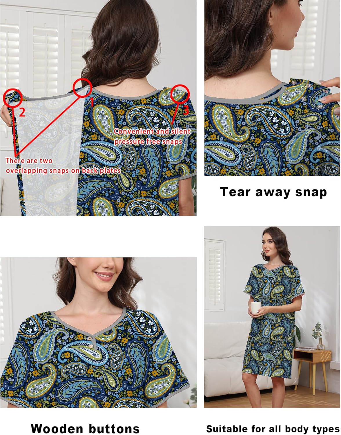 Hospital Gowns for Women Open Back Tear Away Snap Post Shoulder Surgery Short Sleeve Soft Cotton Adaptive Clothing - Image 3