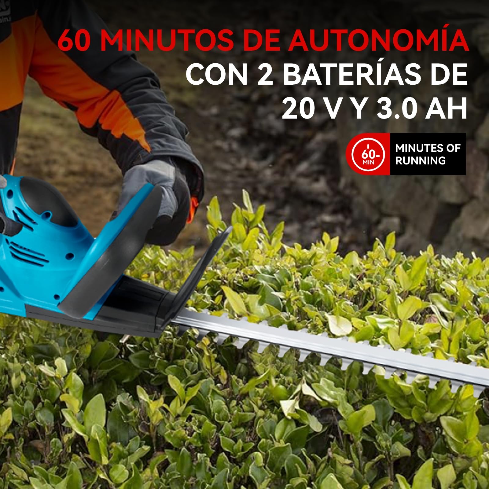 ONEVAN Cortasetos bateria, 500w Cortasetos electrico con batería de 2x3.0ah ed cargadore, 22", Cuchilla de 56 cm, 15mm Entre Dientes, 13000rpm, Cortasetos inalámbricos para arbustos, jardín, césped