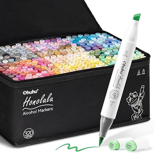Ohuhu Alcohol Markers Brush Tip - 320-color Double Tipped Art Sketch Marker Set for Artists Adults Coloring Illustration -Brush & Chisel Dual Tips - Honolulu Series of Ohuhu Markers - Refillable Ink - Chisel & Brush