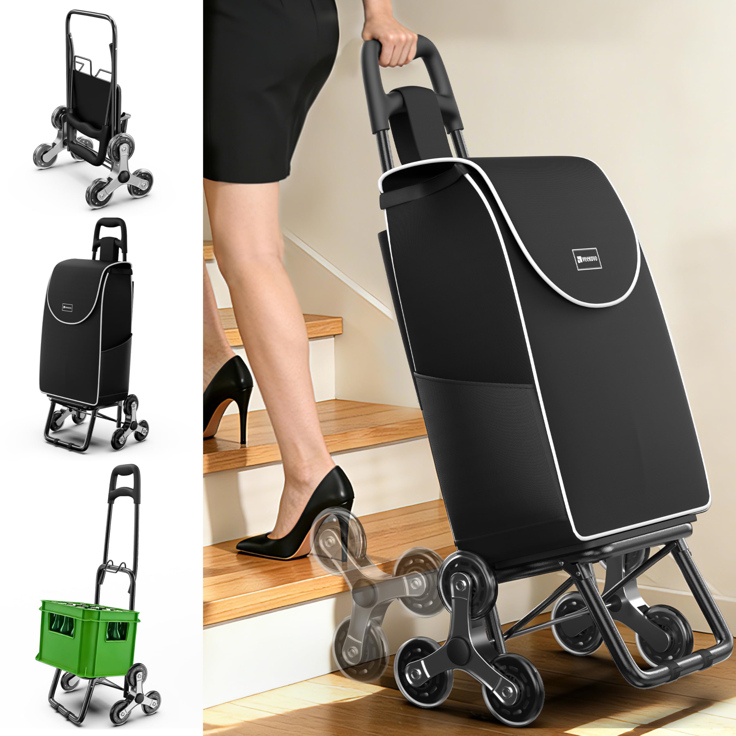 Einkaufswagen Klappbar 56L,Einkaufstrolley Treppensteiger,Trolly Einkaufswagen Klappbar, Hackenporsche mit 6 Räder,Wasserdicht,Bis 50 kg Traglast,faltbar & abnehmbar. (Schwarz, 1 Stück)