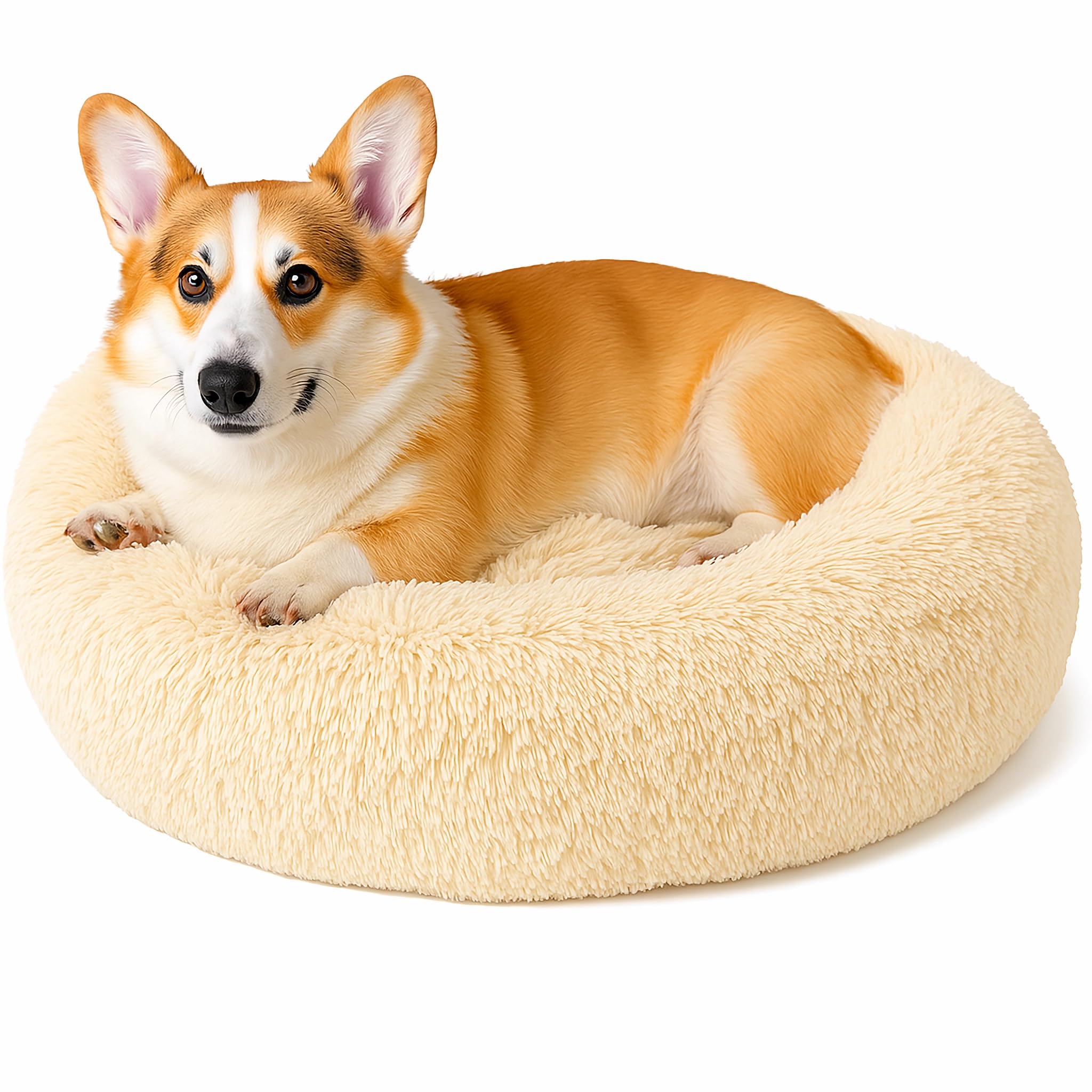 SEOUGEE Calming Donut Dog Bed, Fluffy Plush Round Cat Bed, Cosy Soft Washable Cushion Self-Warming Pet Beds with Non-Slip Bottom, Indoor Sleeping Cuddler Nest for Medium Large Dogs (Apricot 80cm)