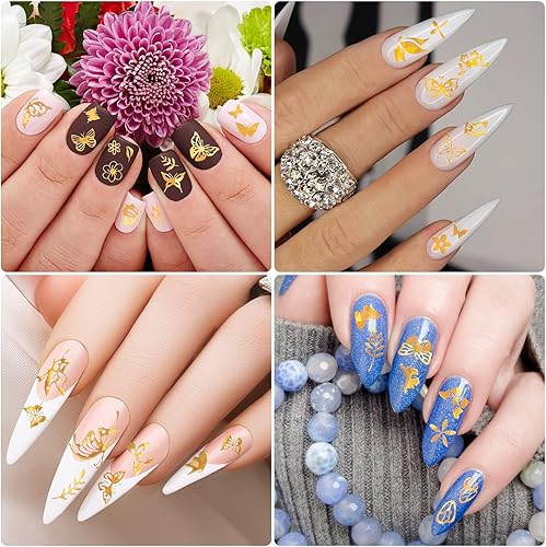 Miniatura 2 de HINZIC 20 hojas de calcomanías autoadhesivas de mariposas láser diseño de uñas de lámina dorada suministros de arte de uñas calcomanías para