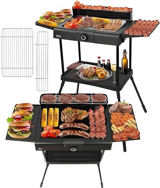 2in1 Elektro Grill Standgrill Tischgrill elektrisch 2.400 Watt - Elektrogrill für Balkon, Draußen & Drinnen mit Standfuß große Grillfäche Stufenloser Temperaturregler elektrischer BBQ Grill - 1