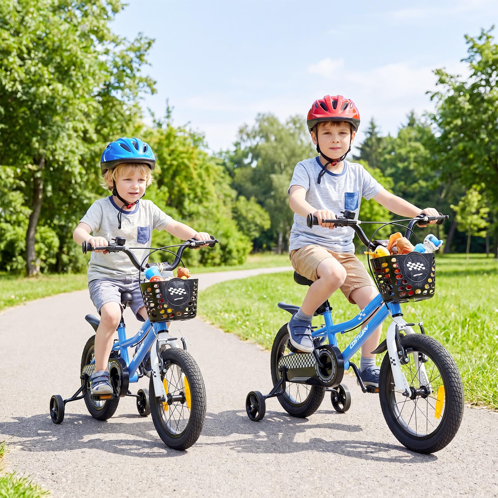 COSTWAY Bicicleta Niños 14/16 Pulgadas, Bicicleta Infantil con Ruedas Estabilizadoras Desmontables, Freno de Mano y en V, Asiento y Manillar Ajustables, Cesta y Campana