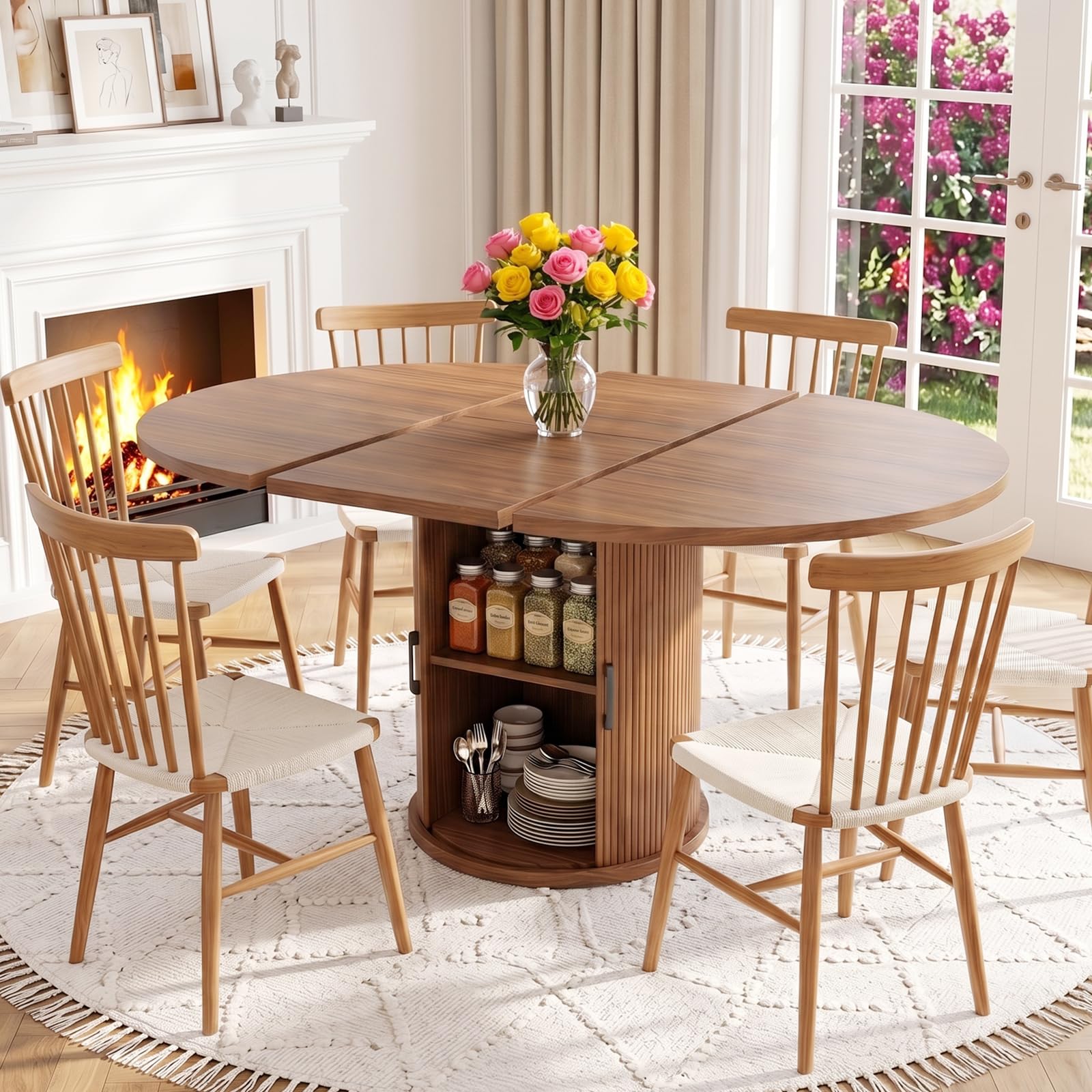 Round Extendable Wood Dining Table with Storage Cabinet, Modern Farmhouse Expandable Kitchen Table for 4-6 People, Space Saving Oval Dining Table with Plate Storage for Dining Room Living Room