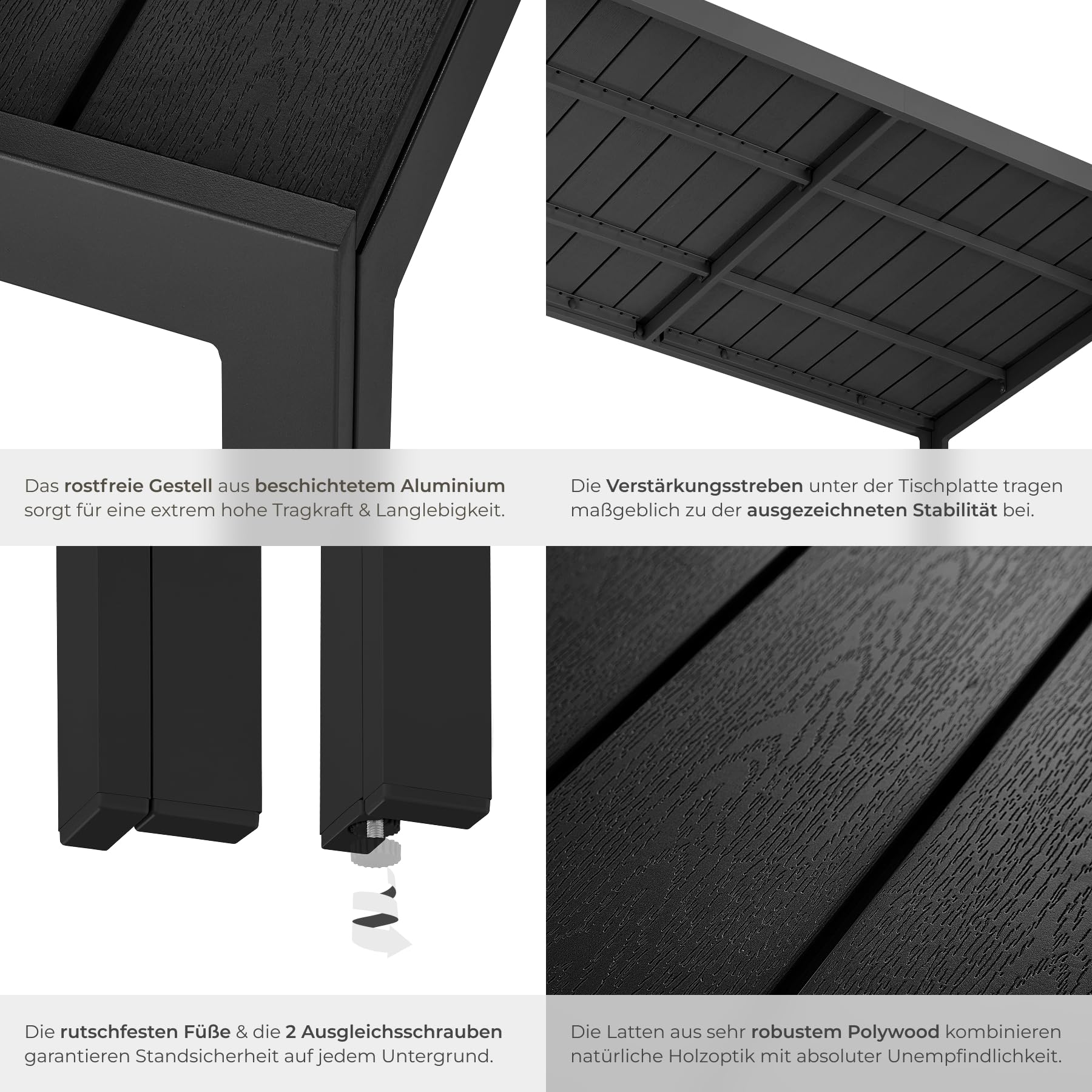 tectake® Gartentisch, outdoor Esstisch, Balkontisch in Holz Optik, Terrassentisch mit Aluminiumrahmen, Gartenmöbel wetterfest, 150 x 90 x 74,5cm, Tisch für Garten, Lounge, Sitzgruppe - schwarz/schwarz