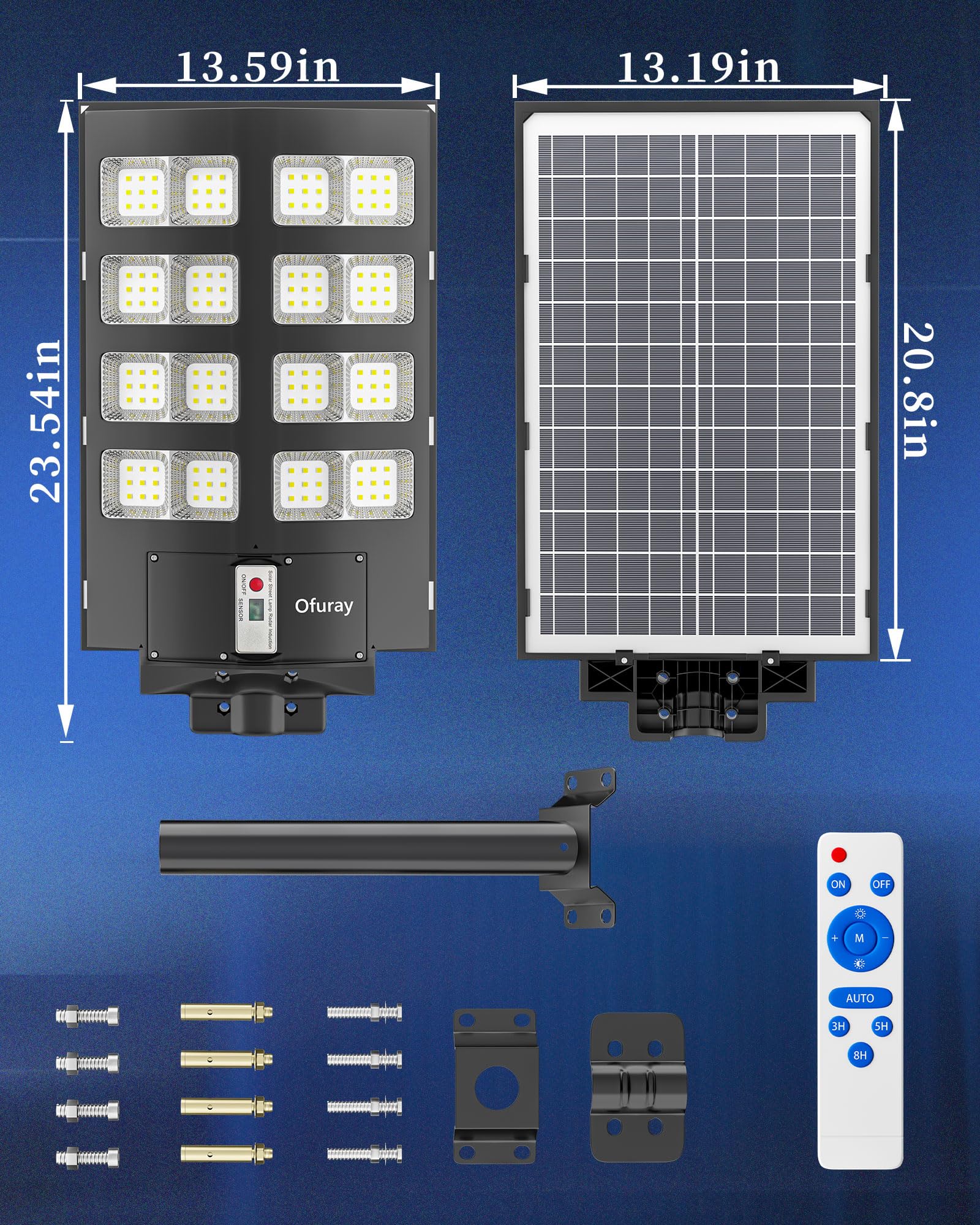 Ofuray Of-2600W Lampione Solare LED Esterno, 6500K Lampada Solari con Sensore di Movimento, Impermeabile IP67 Lampione Stradale, Faretto LED da Esterno Solare con Telecomando Adatto per Cortile,Garage