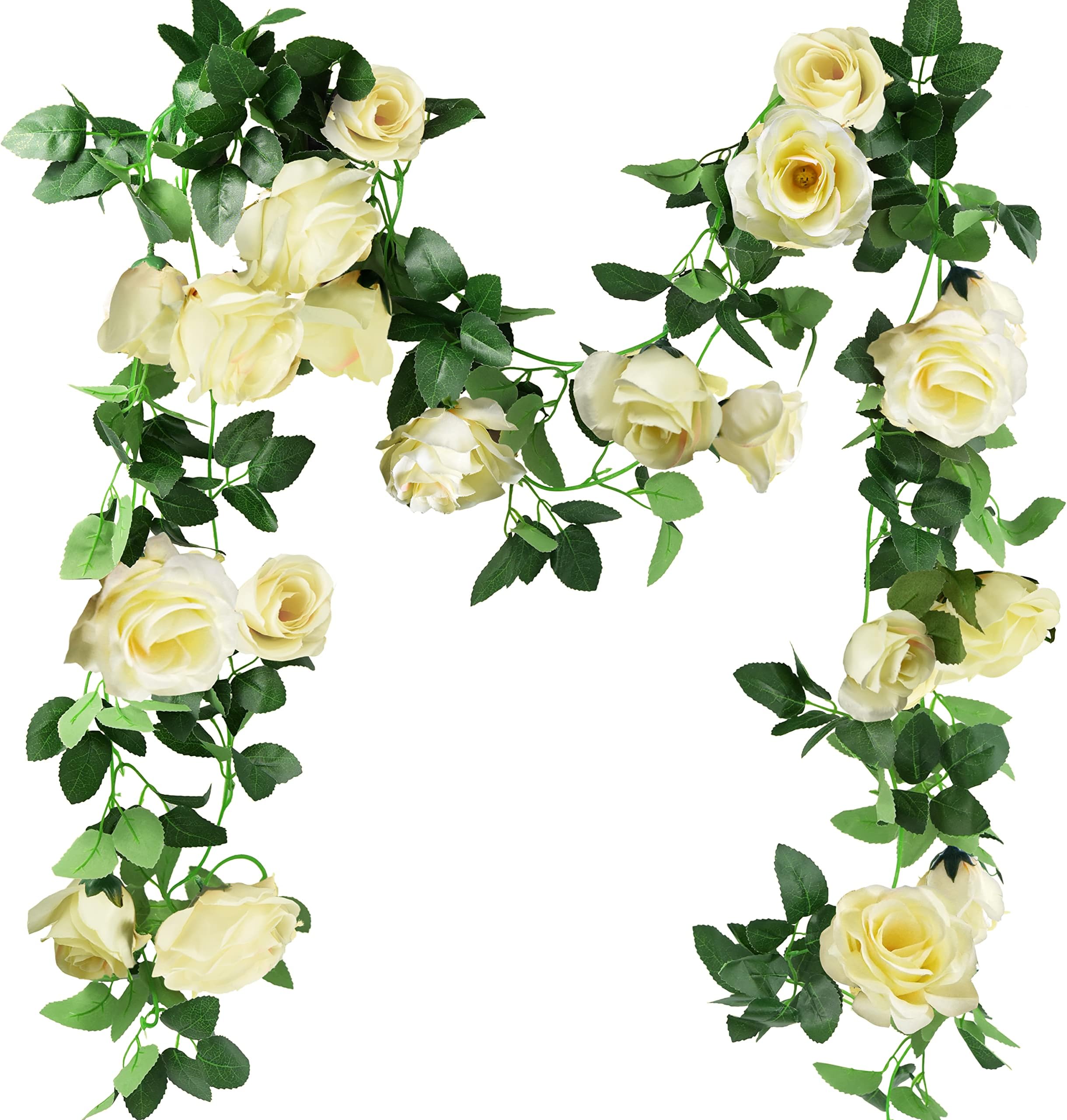 FiveSeasonStuff Cream White Artificial Rose Garlands, Set of Two Silk Flower Vines, Total Length 4.4 Metres for Home Interiors and Decorative Displays
