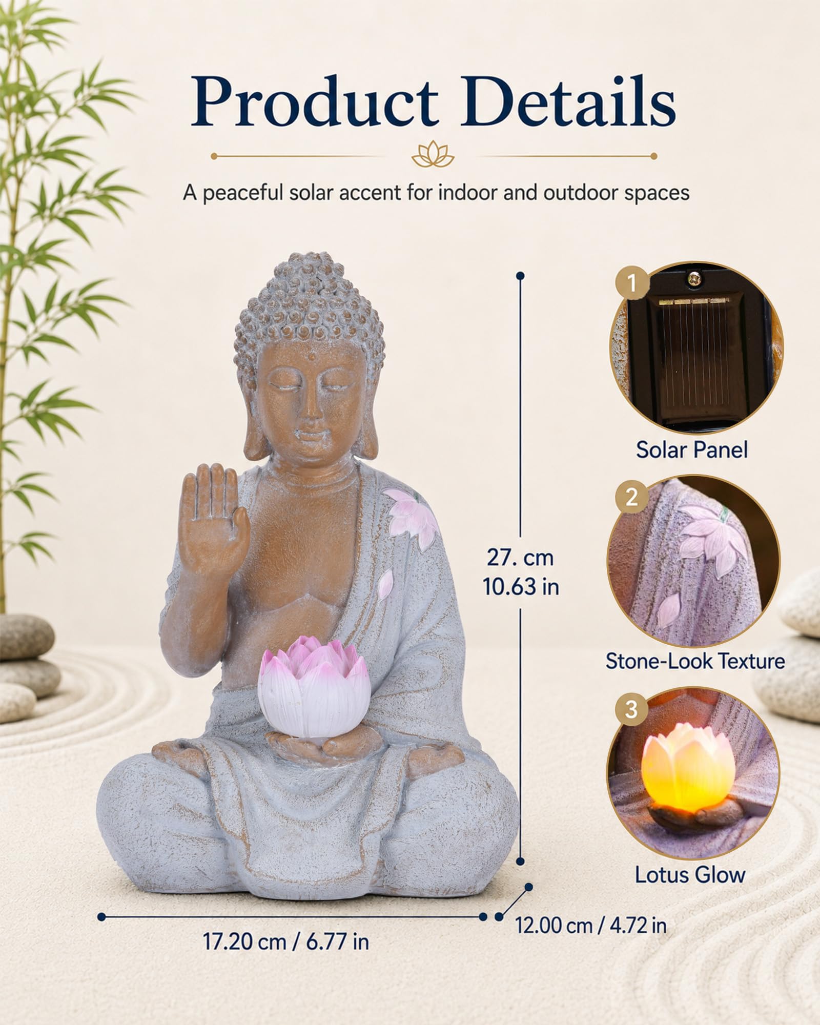 Yeomoo Statue de Bouddha avec LED solaire Lotus Décoration de jardin - Figurine de méditation résistante aux intempéries pour jardin Zen, salon Feng Shui, cadeau spirituel pour femmes, maman, hommes