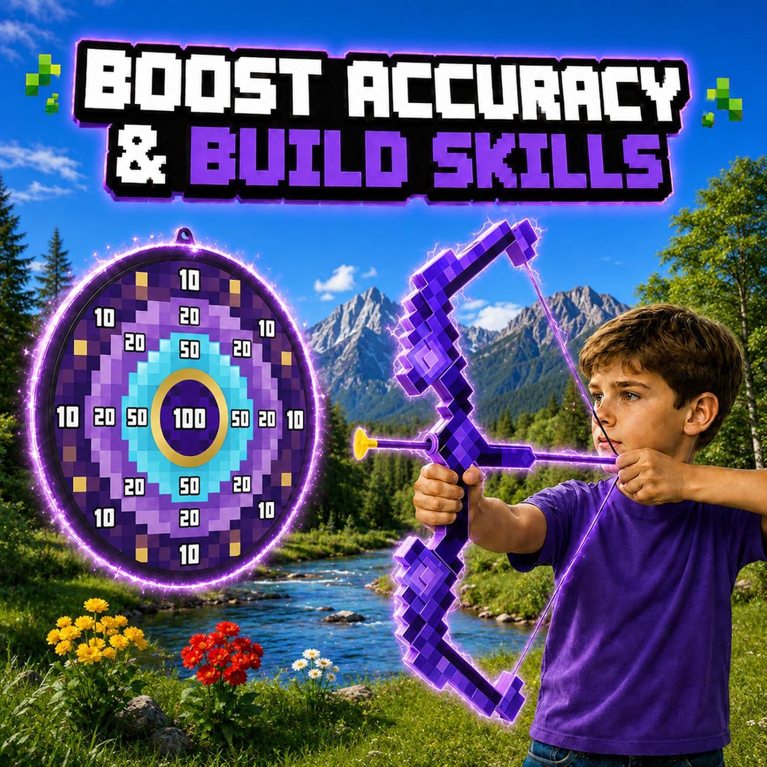 CINKOLA Kids Bow and Arrow Set,Pixel Theme Party Favors Toys Gifts for 6 7 8 9 10 12 Year Old Boy LED Light Archery Toy Set,Indoor and Outdoor Toys for Kids Ages 6-8 8-12 (Purple)