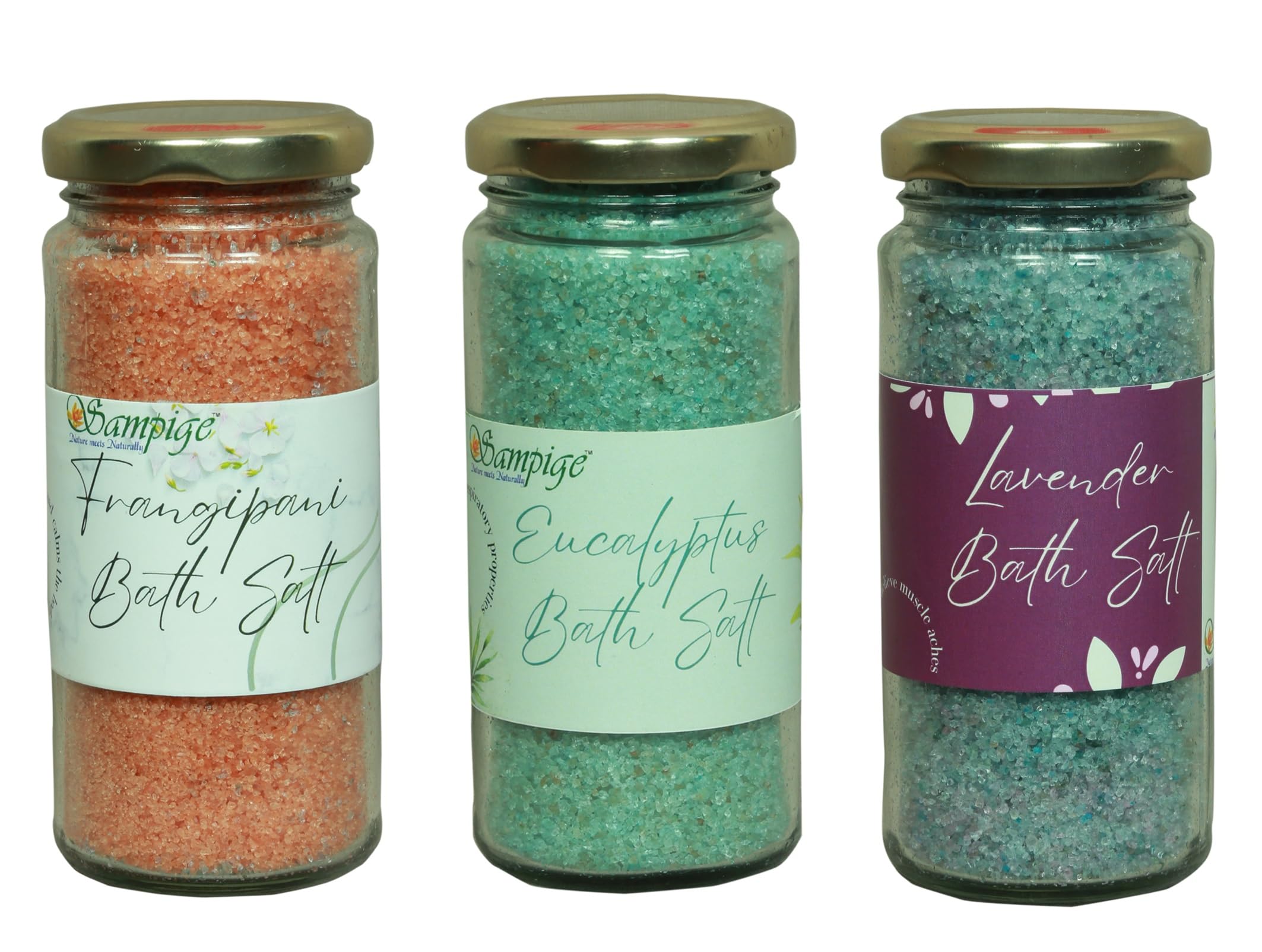 Sampige Tranquil Botanical Bliss: Sampige Eucalyptus, Lavender & Frangipani Bath Salt| BlendBath salt Combo Eucalyptus lavender and Fringipani| Spa-like indulgence|250 * 3 (750 gram)-image-1