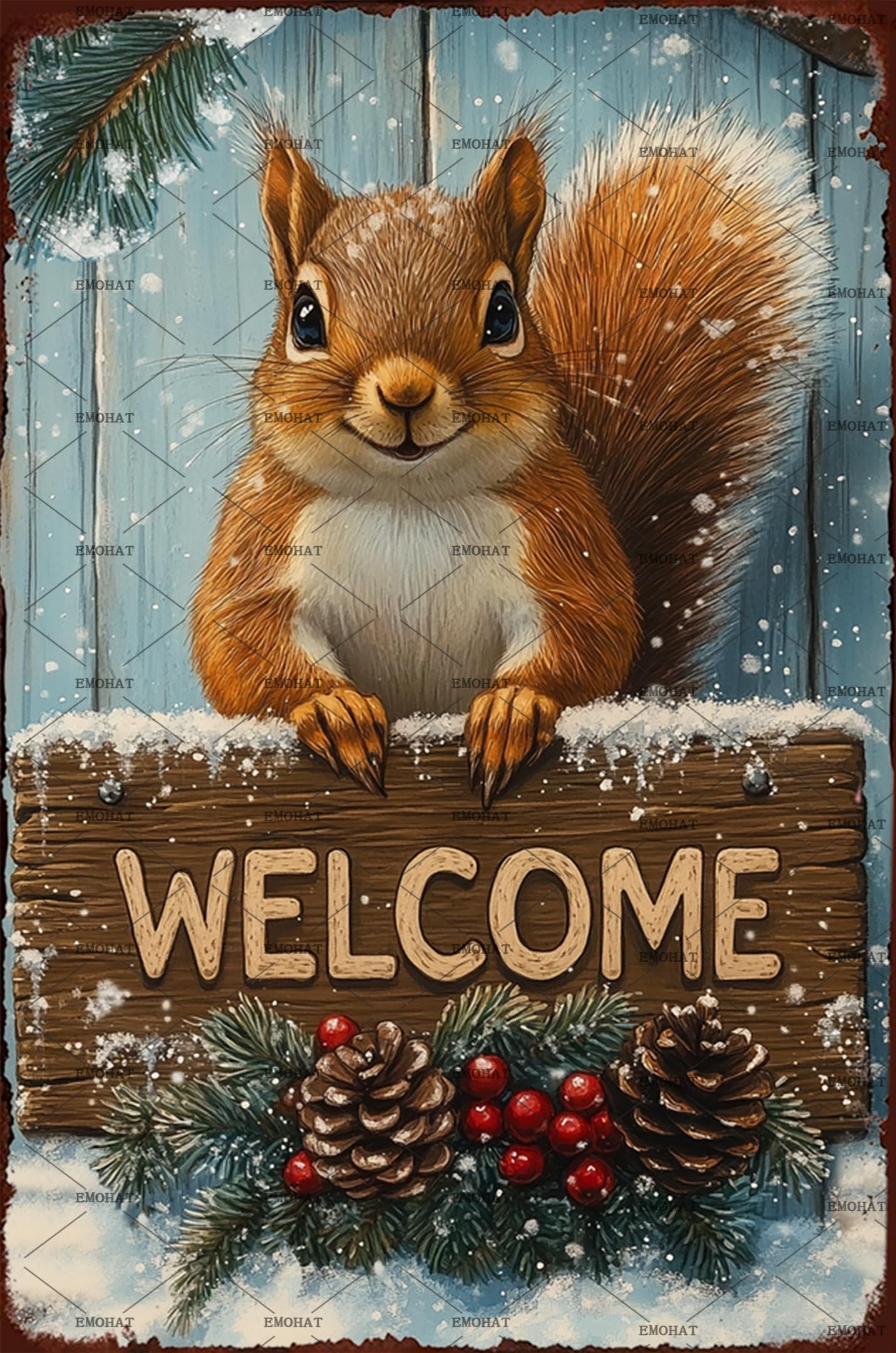 Welcome Metal Tin Sign 16x12 Inch - Vintage Winter Wall Decor with Squirrel Design - Rustic Christmas Welcome Sign for Front Door, Porch and Entryway